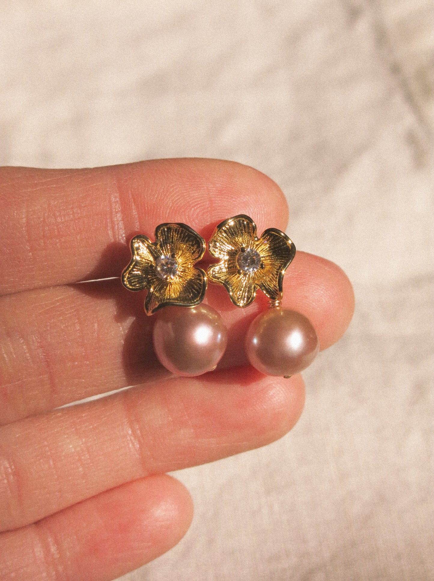 Flower Cubic Zirconia Post Earrings with Round Mauve Purple Edison Pearl, 925 Sterling Silver Post