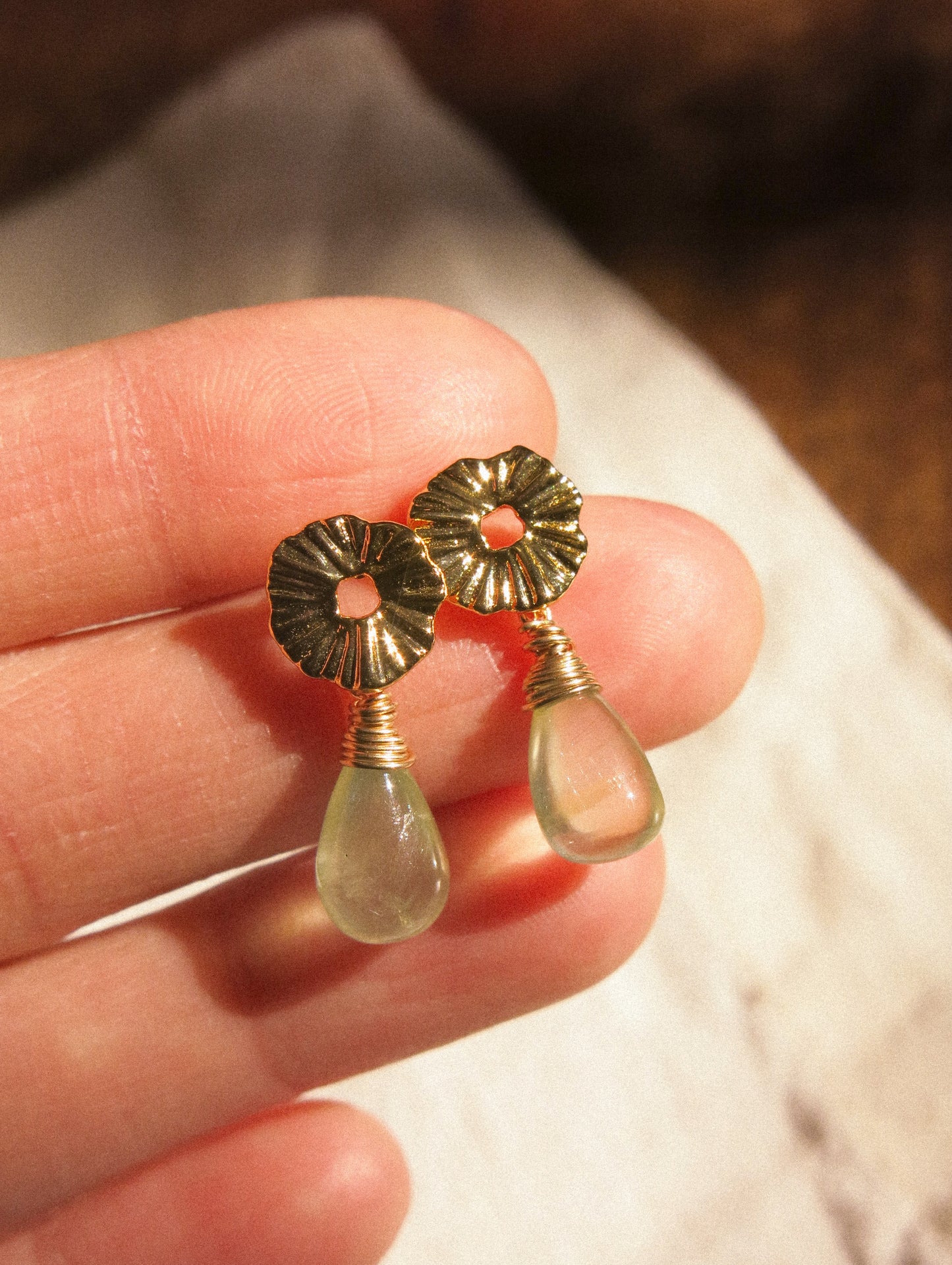 Lily Pad Circle Post Earrings with Smooth Prehnite Drops, 925 Sterling Silver Post