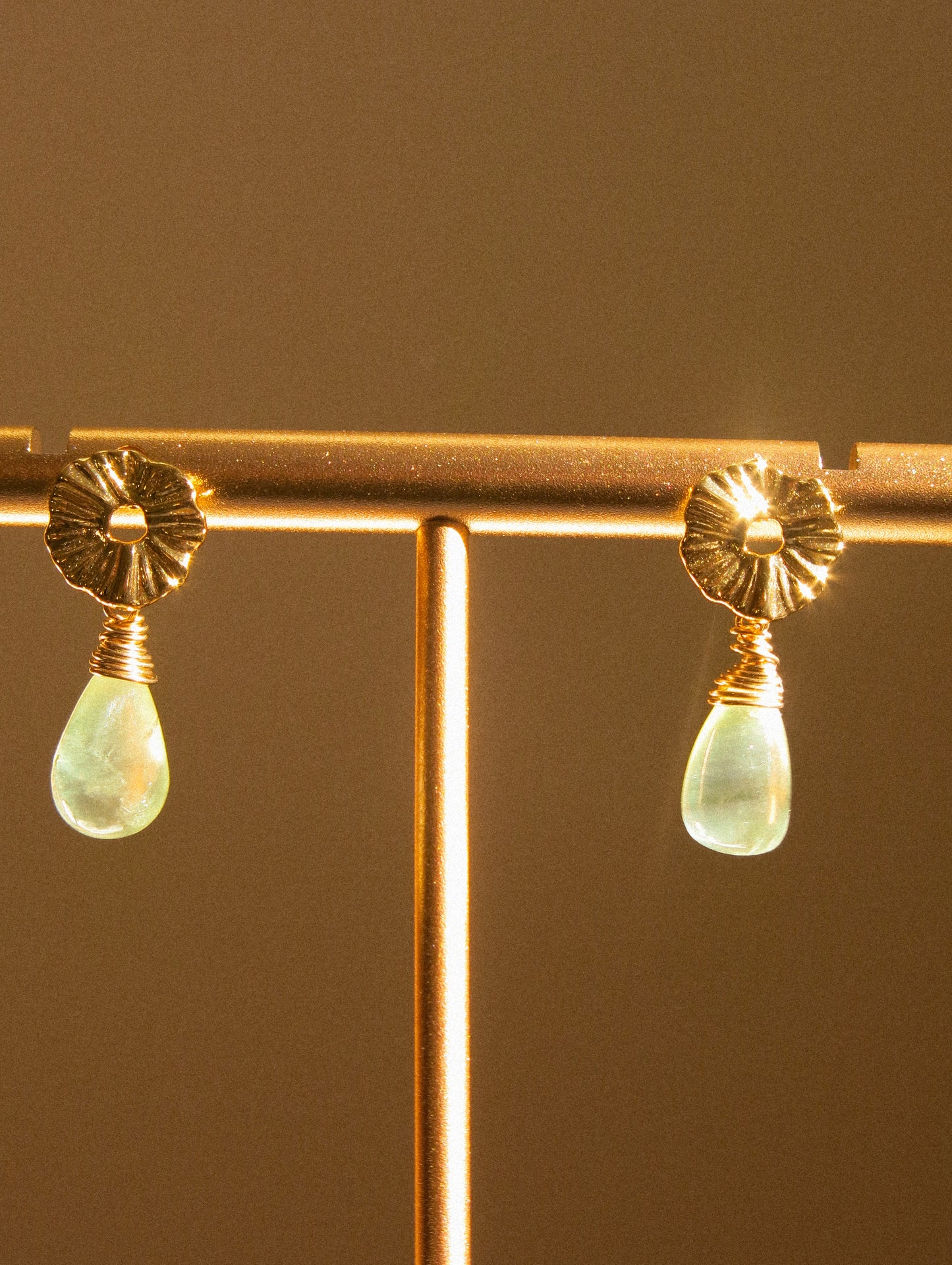 Lily Pad Circle Post Earrings with Smooth Prehnite Drops, 925 Sterling Silver Post