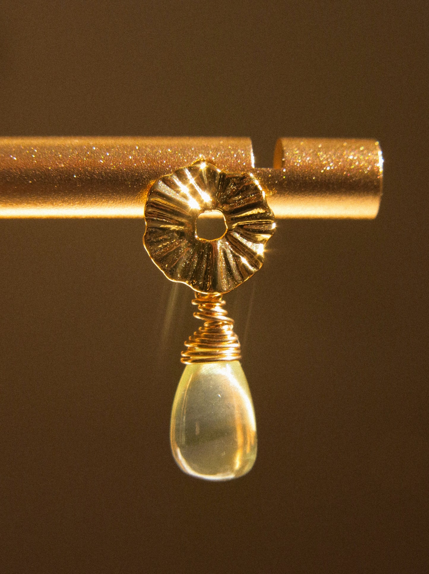 Lily Pad Circle Post Earrings with Smooth Prehnite Drops, 925 Sterling Silver Post