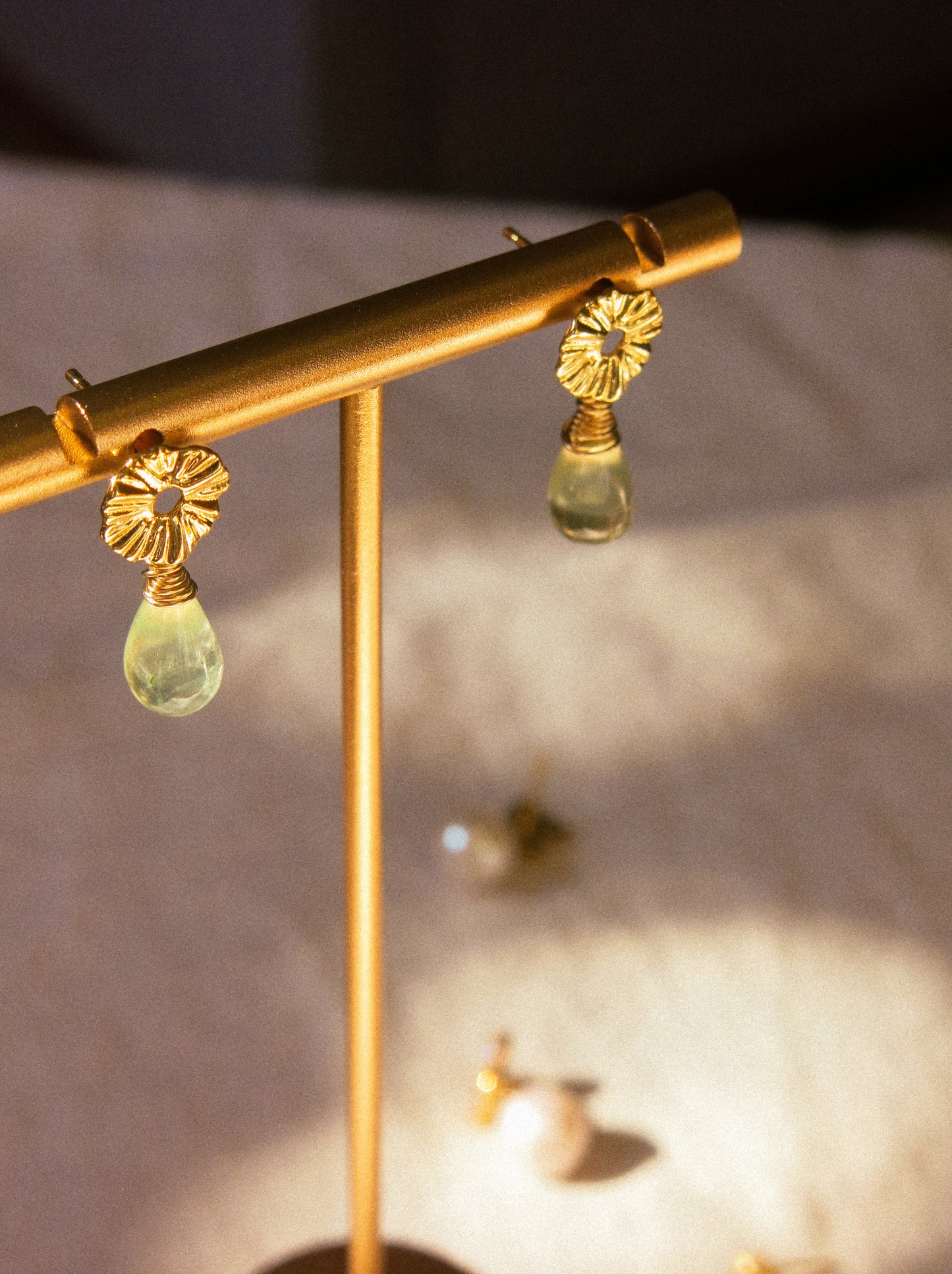 Lily Pad Circle Post Earrings with Smooth Prehnite Drops, 925 Sterling Silver Post