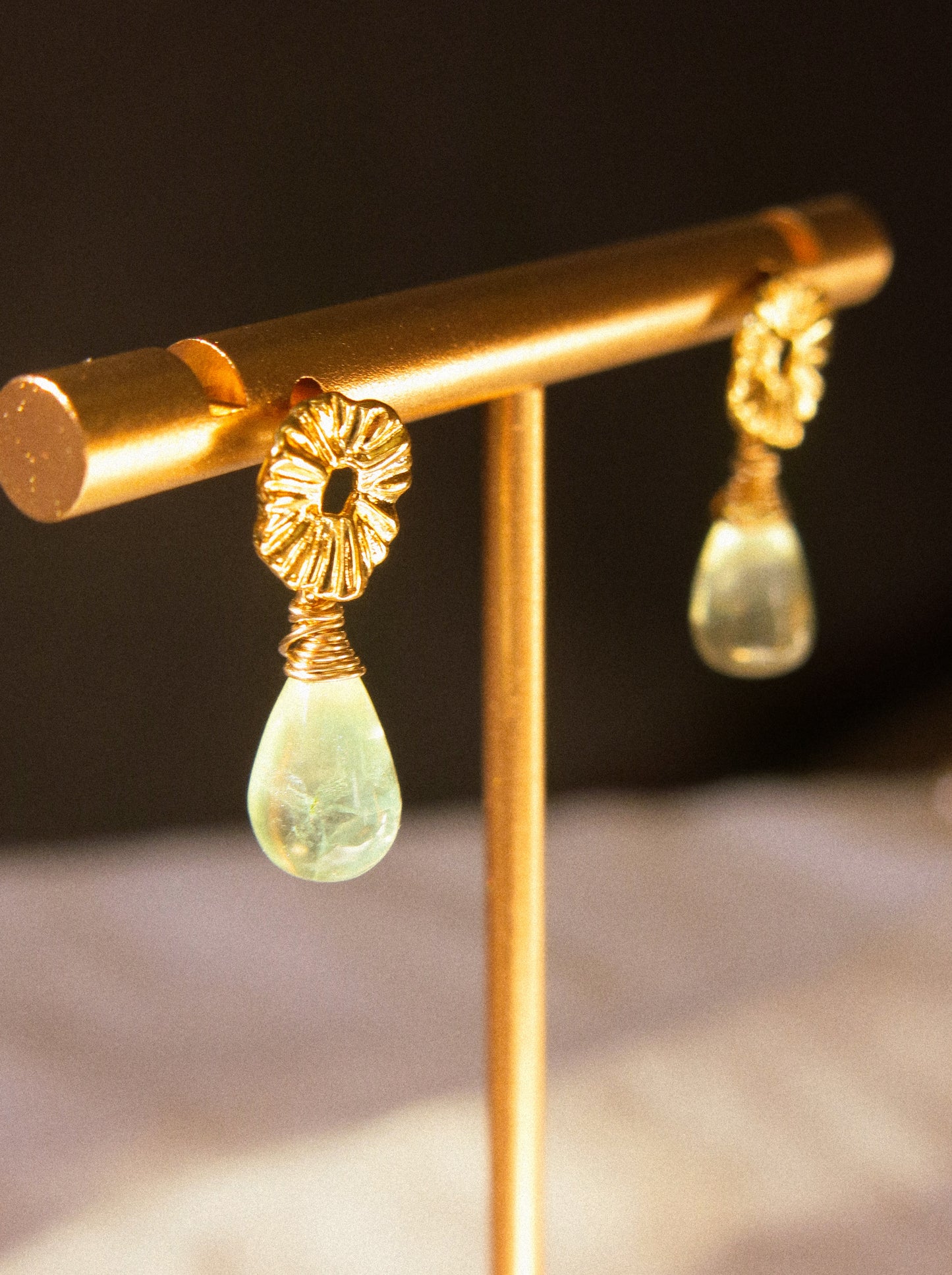 Lily Pad Circle Post Earrings with Smooth Prehnite Drops, 925 Sterling Silver Post