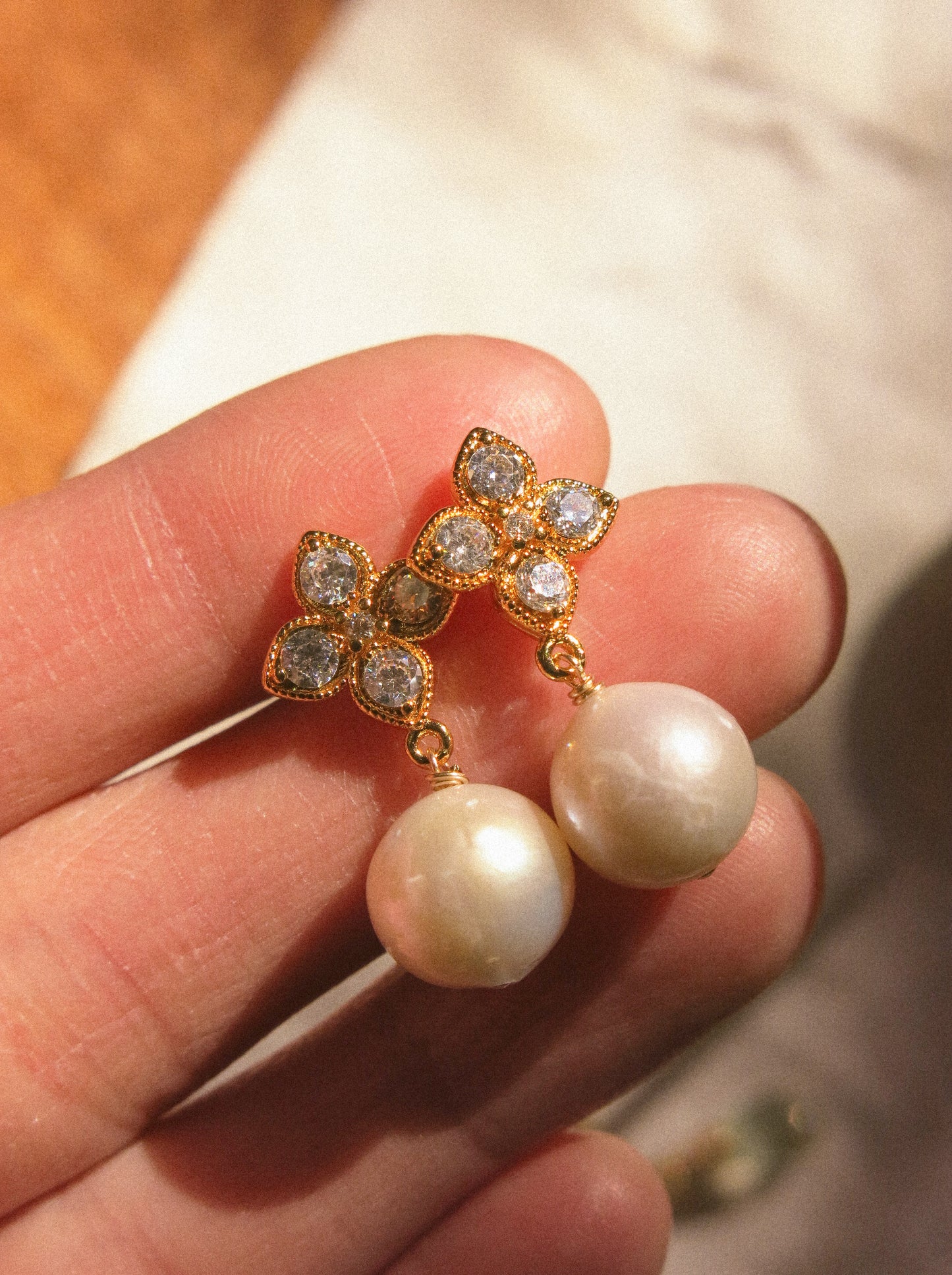 Clover Cubic Zirconia Post Earrings with White Round Edison Pearl, 925 Sterling Silver Post