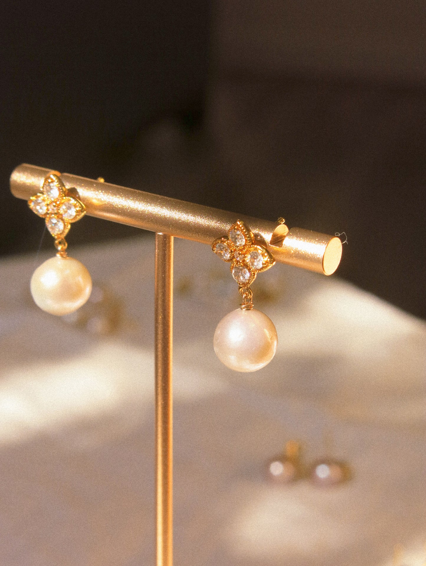 Clover Cubic Zirconia Post Earrings with White Round Edison Pearl, 925 Sterling Silver Post