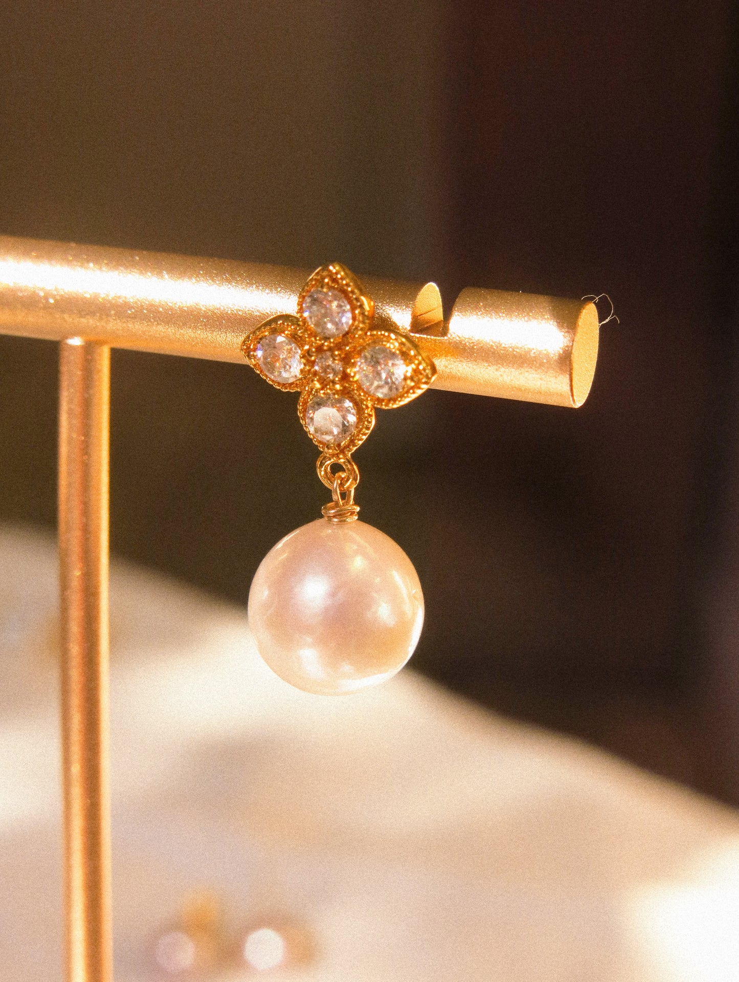 Clover Cubic Zirconia Post Earrings with White Round Edison Pearl, 925 Sterling Silver Post