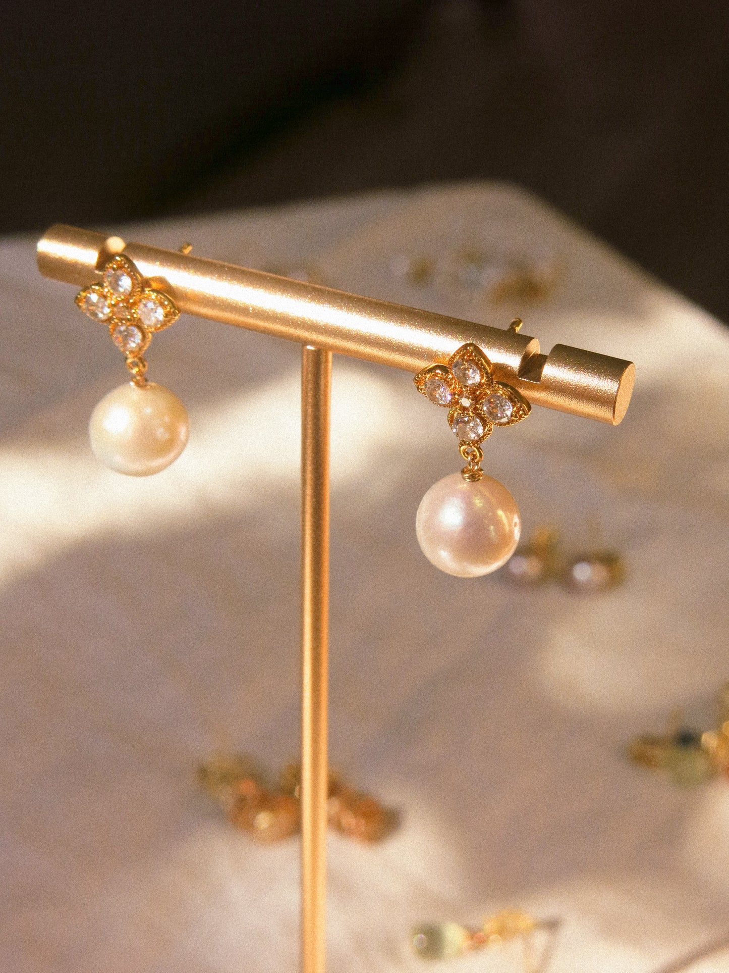 Clover Cubic Zirconia Post Earrings with White Round Edison Pearl, 925 Sterling Silver Post
