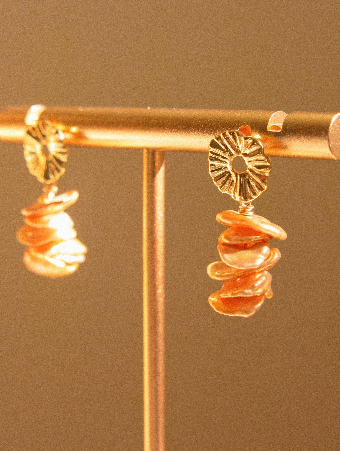 Lily Pad Circle Post Earrings with Gold Champagne Keshi Pearls, 925 Sterling Silver Post