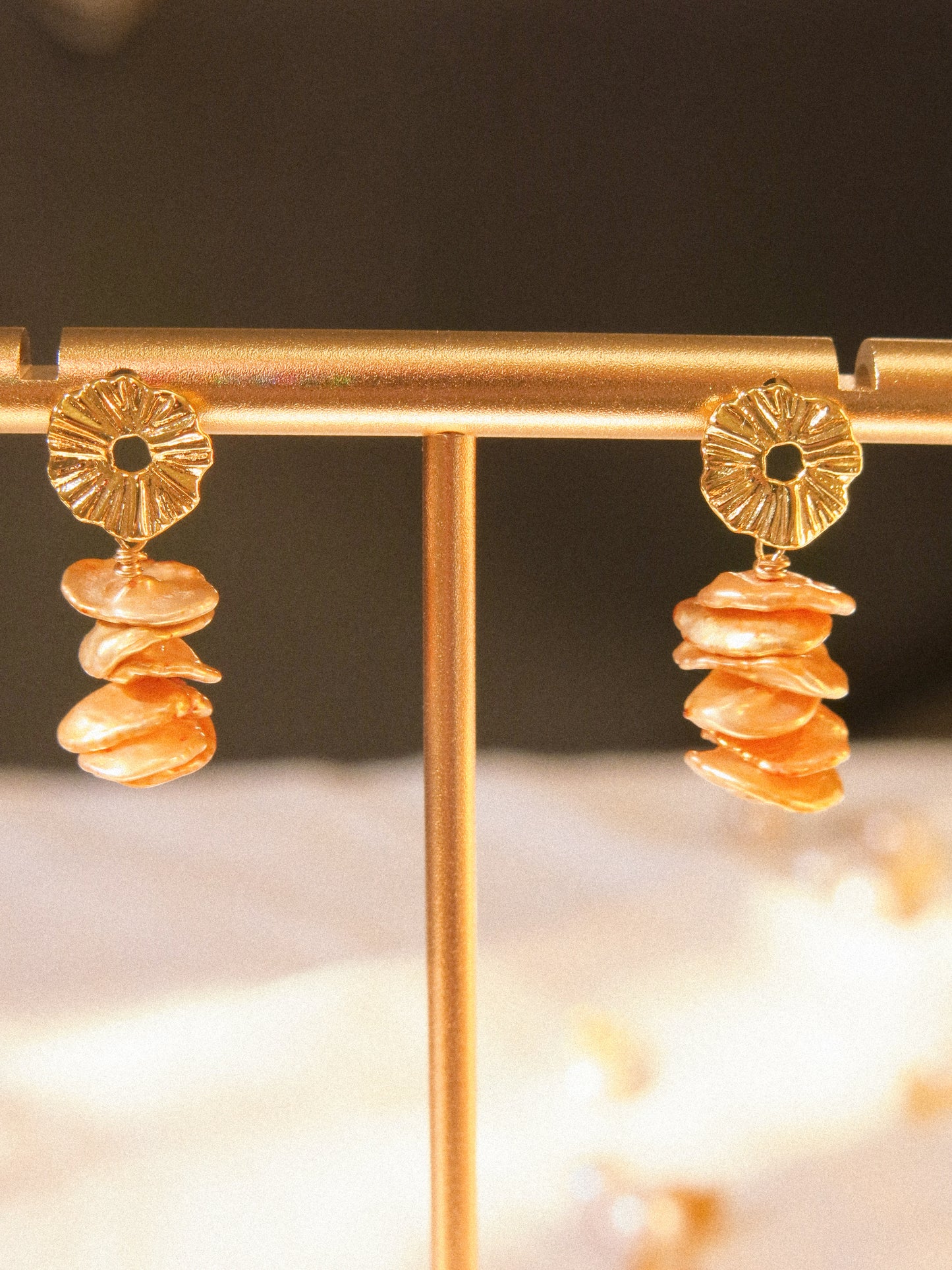 Lily Pad Circle Post Earrings with Gold Champagne Keshi Pearls, 925 Sterling Silver Post