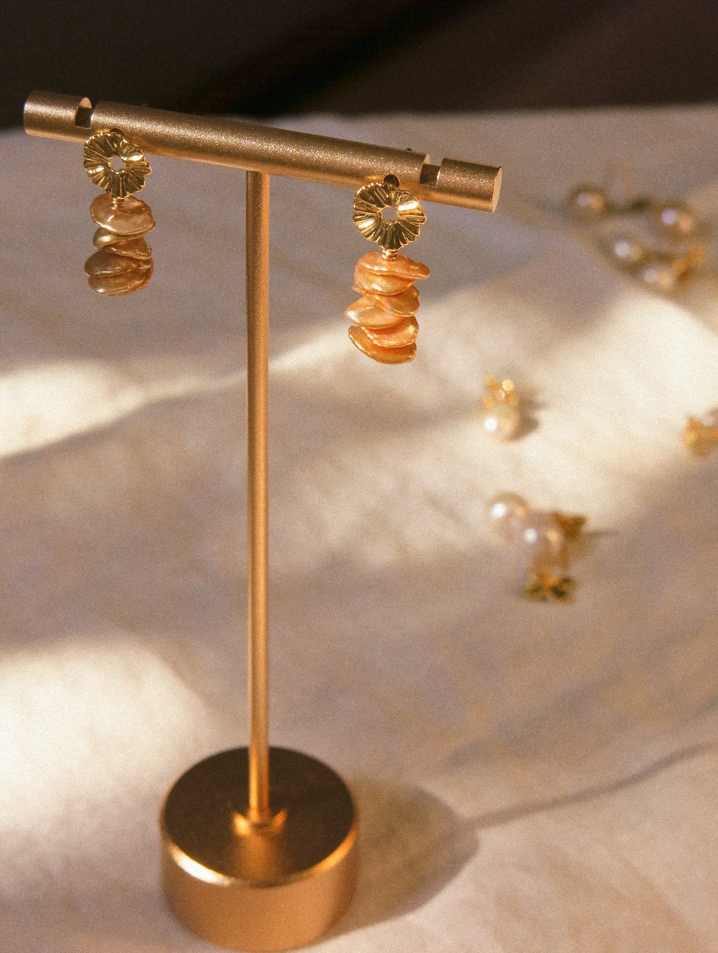 Lily Pad Circle Post Earrings with Gold Champagne Keshi Pearls, 925 Sterling Silver Post