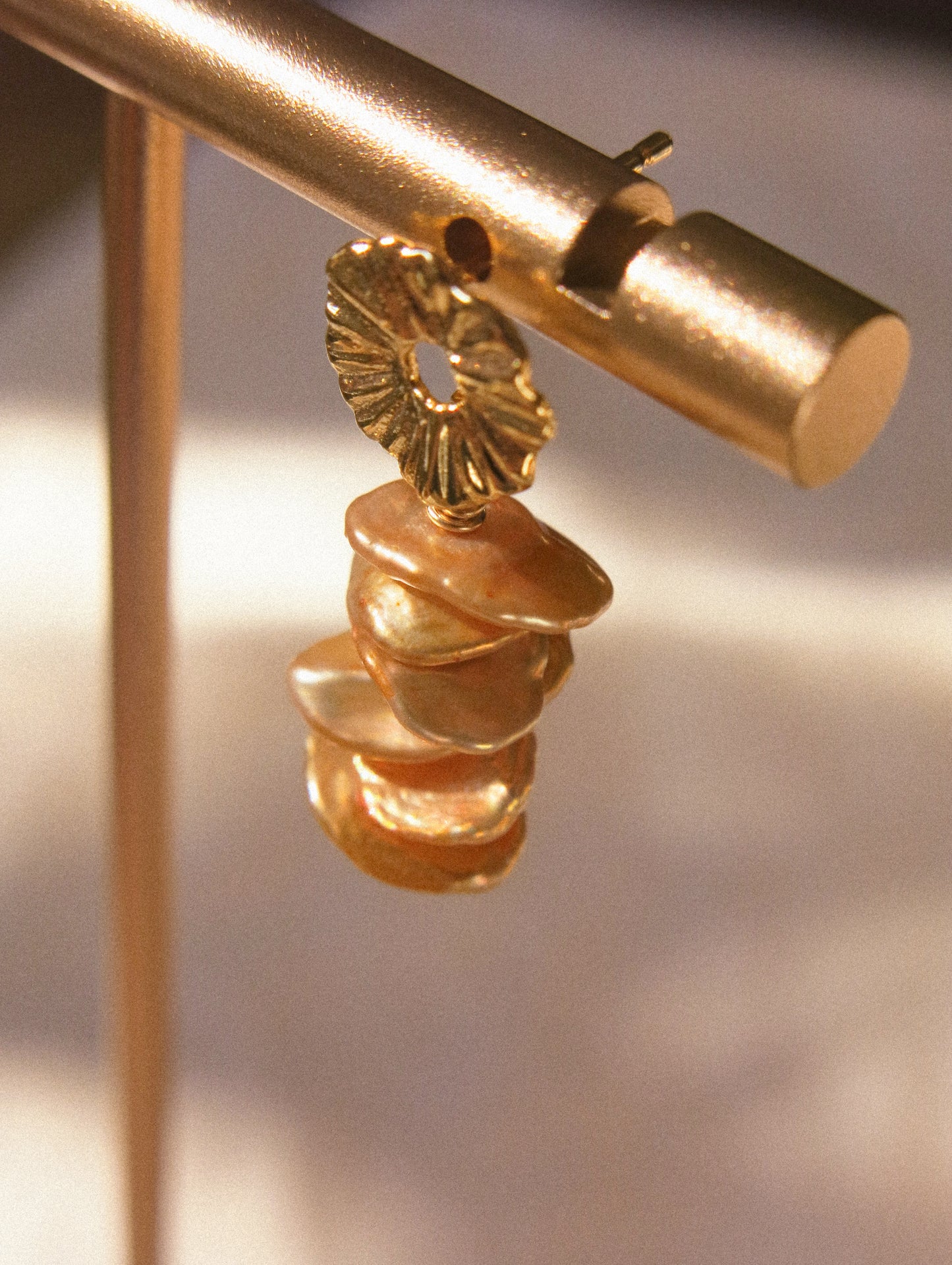 Lily Pad Circle Post Earrings with Gold Champagne Keshi Pearls, 925 Sterling Silver Post