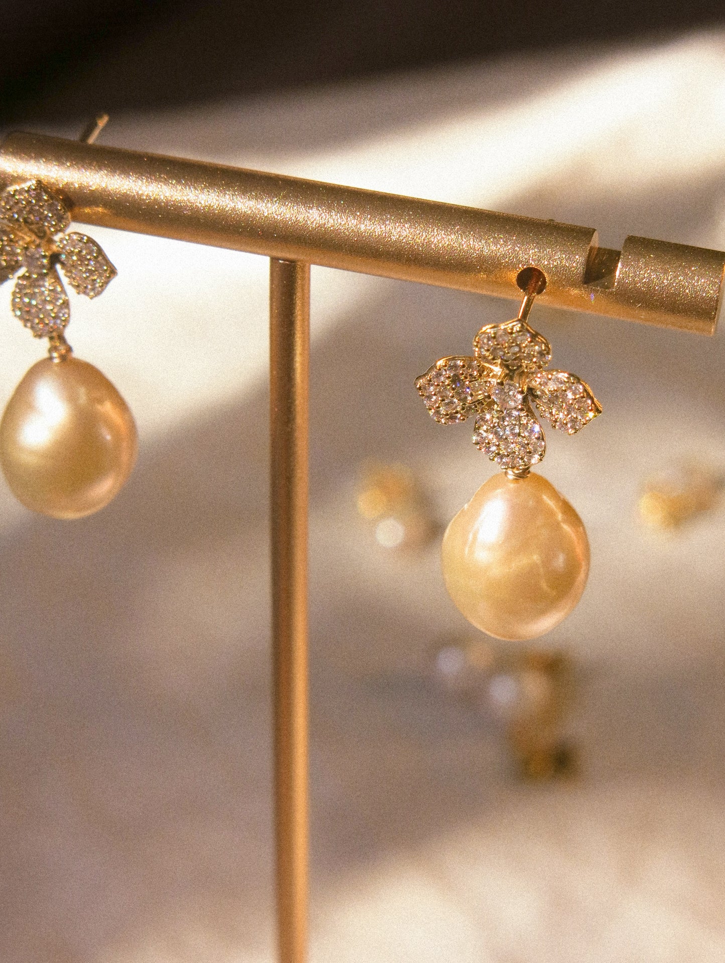 Flower Cubic Zirconia Pavé Post Earrings with Peach White AAA Edison Pearl, 925 Sterling Silver Post