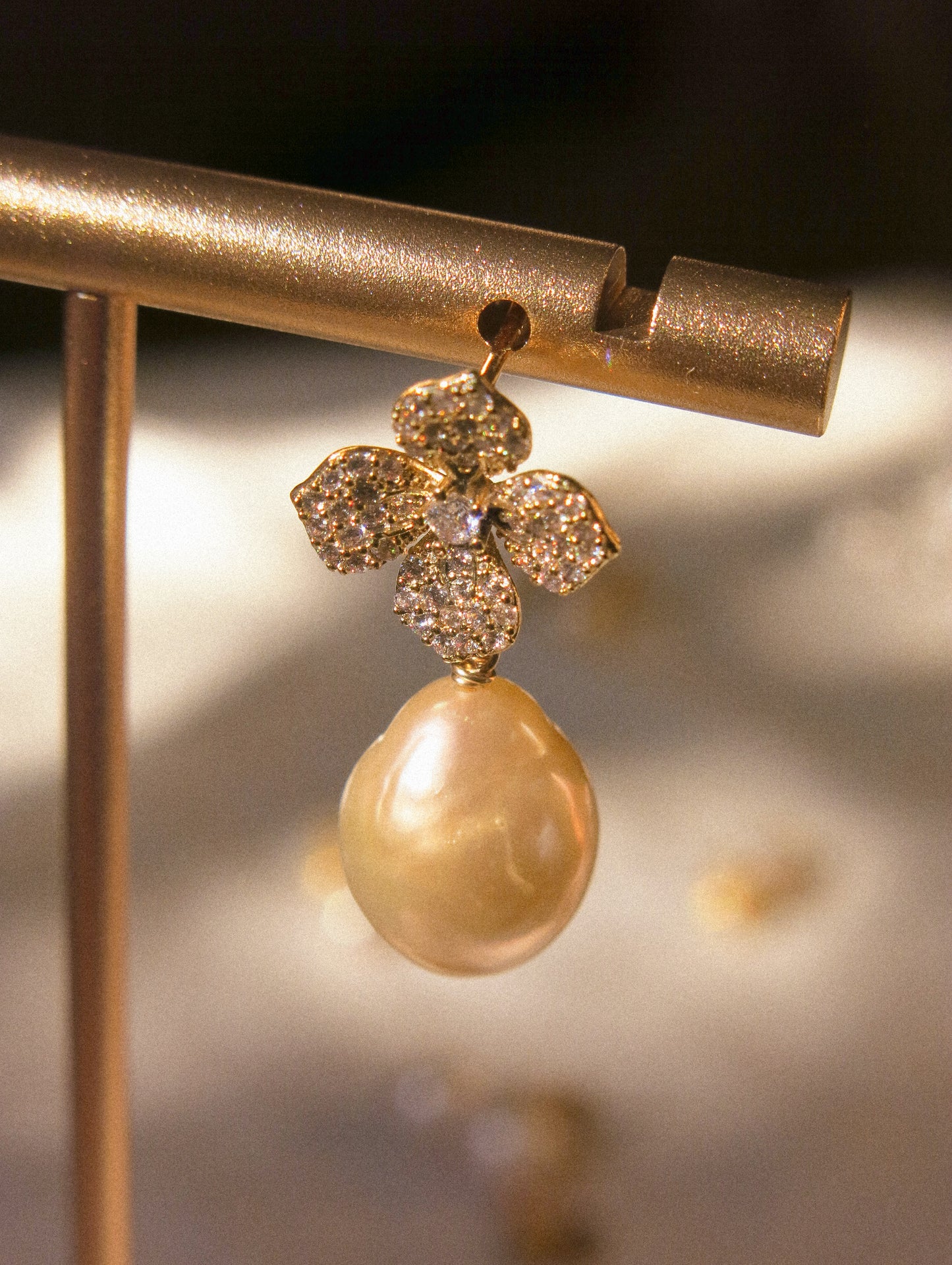 Flower Cubic Zirconia Pavé Post Earrings with Peach White AAA Edison Pearl, 925 Sterling Silver Post