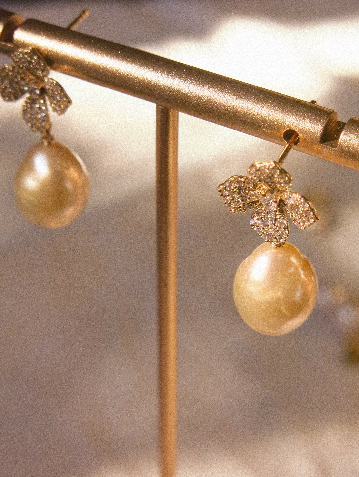 Flower Cubic Zirconia Pavé Post Earrings with Peach White AAA Edison Pearl, 925 Sterling Silver Post