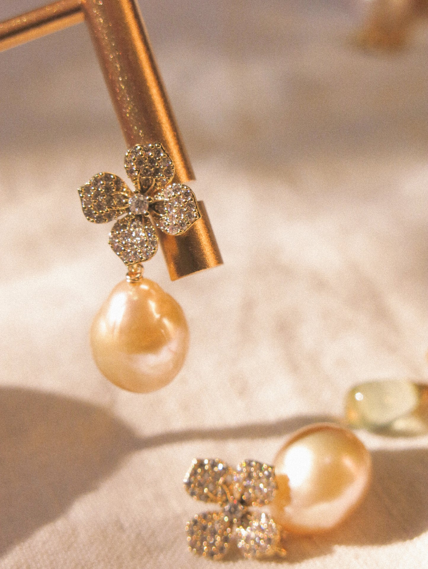 Flower Cubic Zirconia Pavé Post Earrings with Peach White AAA Edison Pearl, 925 Sterling Silver Post