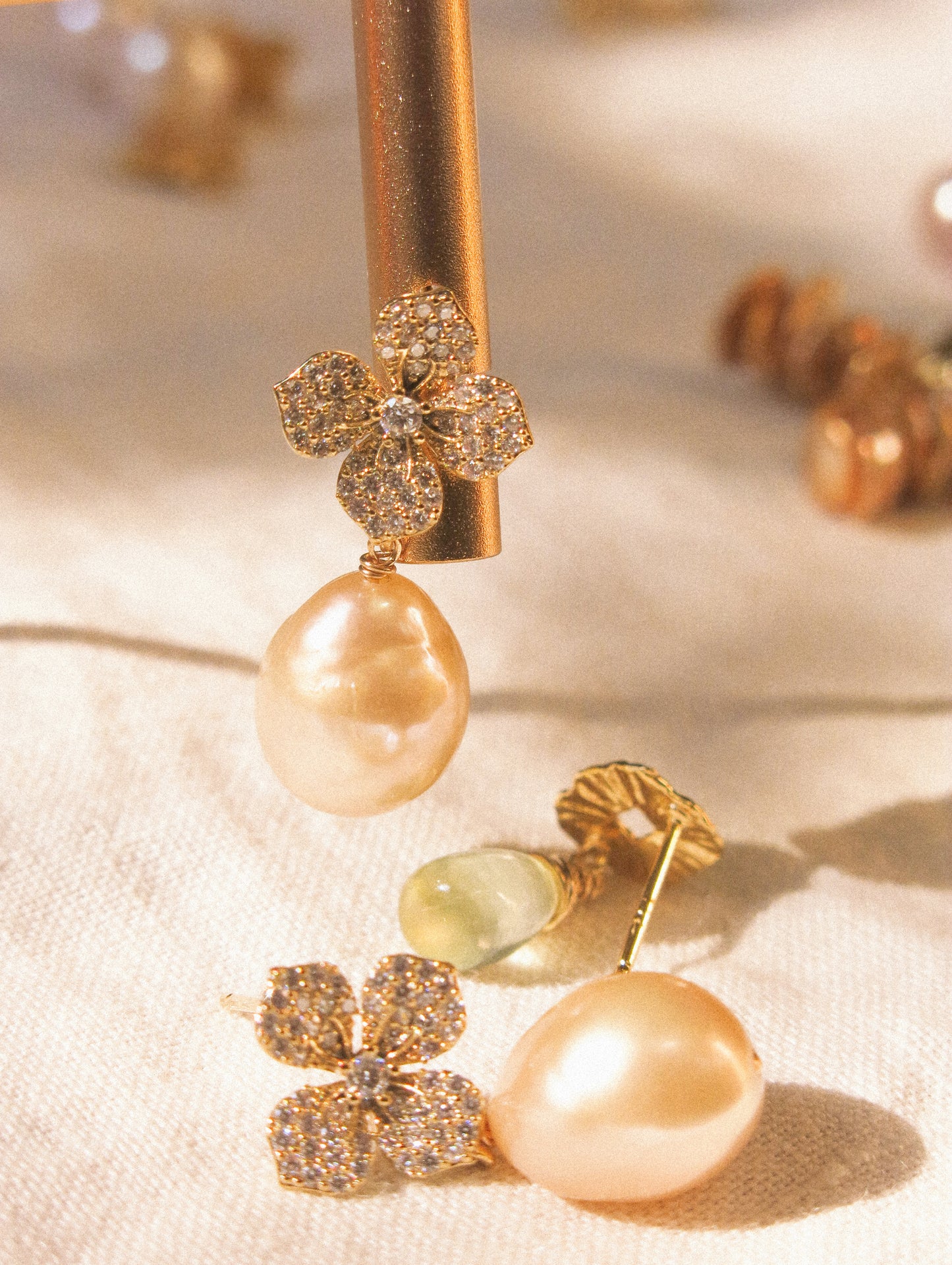 Flower Cubic Zirconia Pavé Post Earrings with Peach White AAA Edison Pearl, 925 Sterling Silver Post