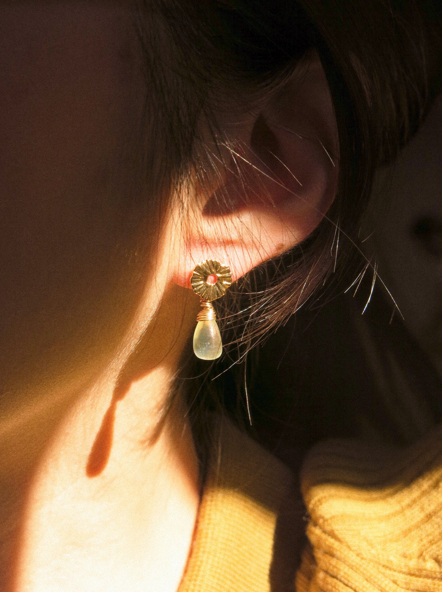 Lily Pad Circle Post Earrings with Smooth Prehnite Drops, 925 Sterling Silver Post