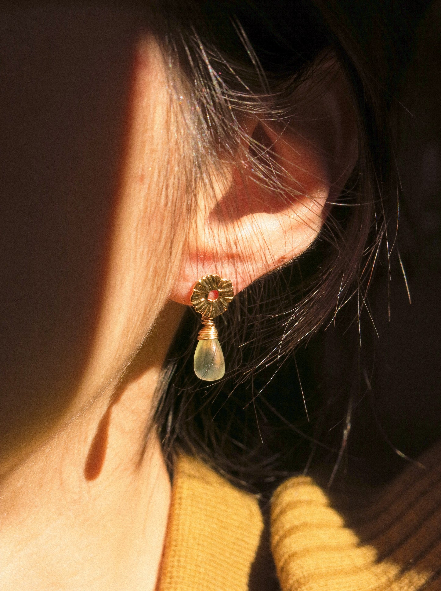 Lily Pad Circle Post Earrings with Smooth Prehnite Drops, 925 Sterling Silver Post