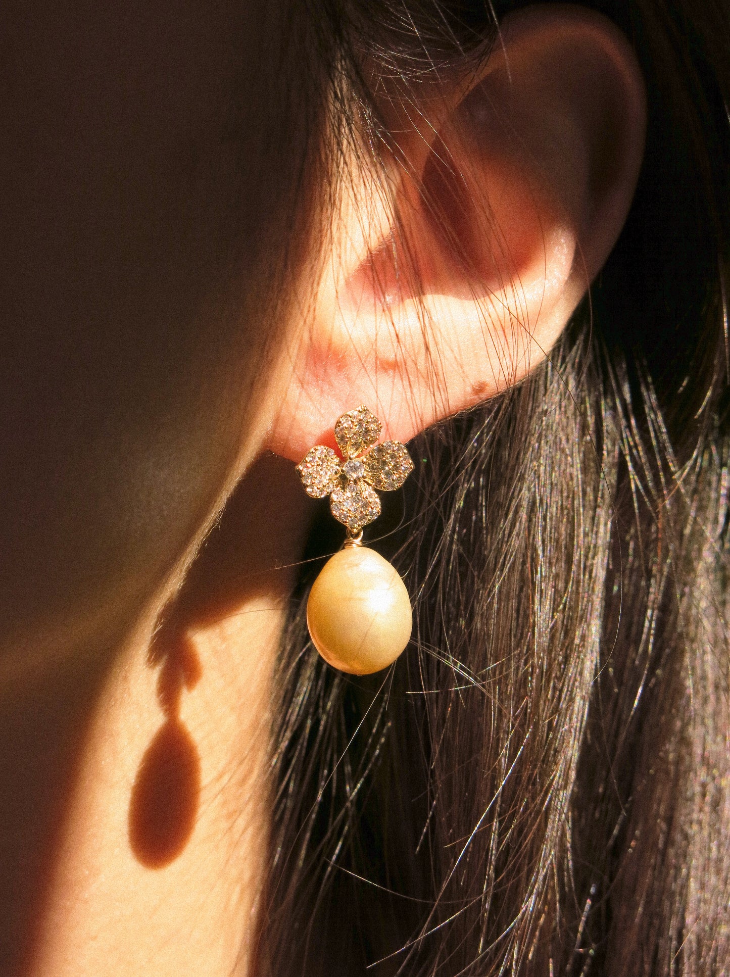 Flower Cubic Zirconia Pavé Post Earrings with Peach White AAA Edison Pearl, 925 Sterling Silver Post