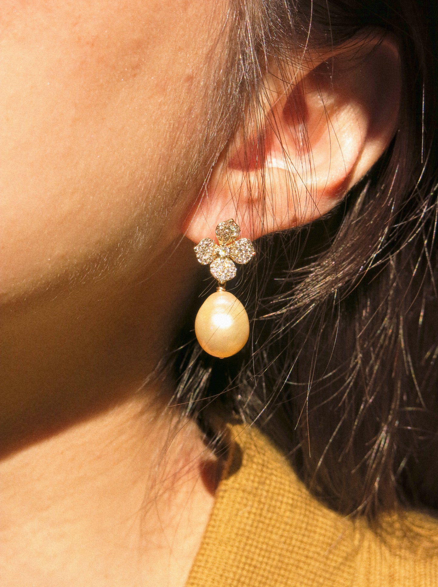 Flower Cubic Zirconia Pavé Post Earrings with Peach White AAA Edison Pearl, 925 Sterling Silver Post