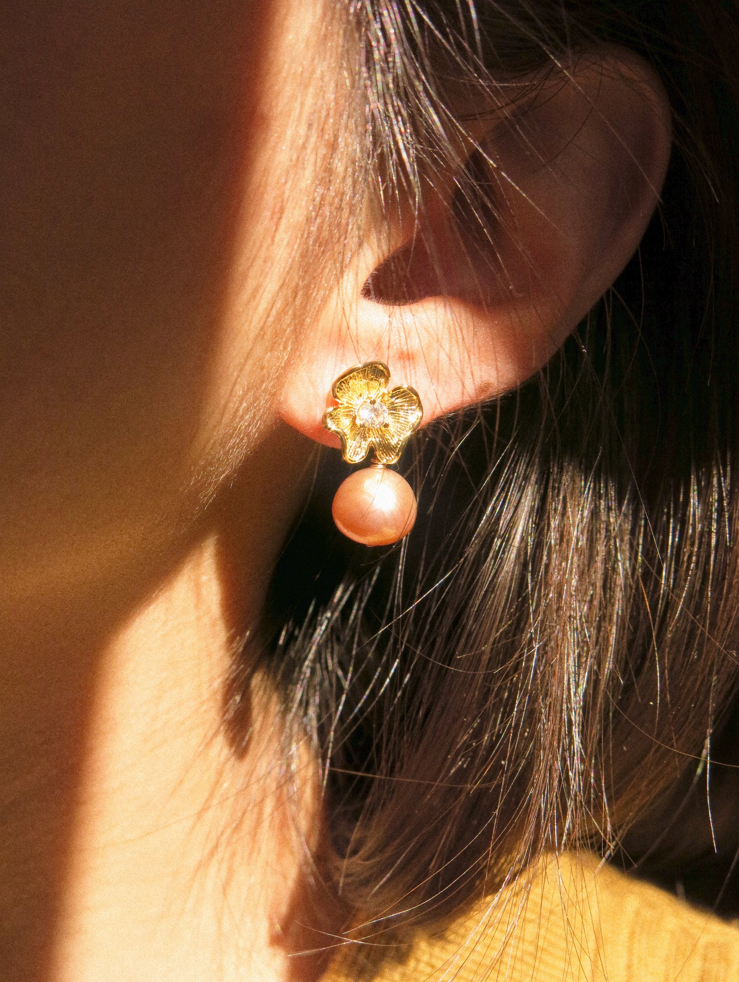 Flower Cubic Zirconia Post Earrings with Round Mauve Purple Edison Pearl, 925 Sterling Silver Post
