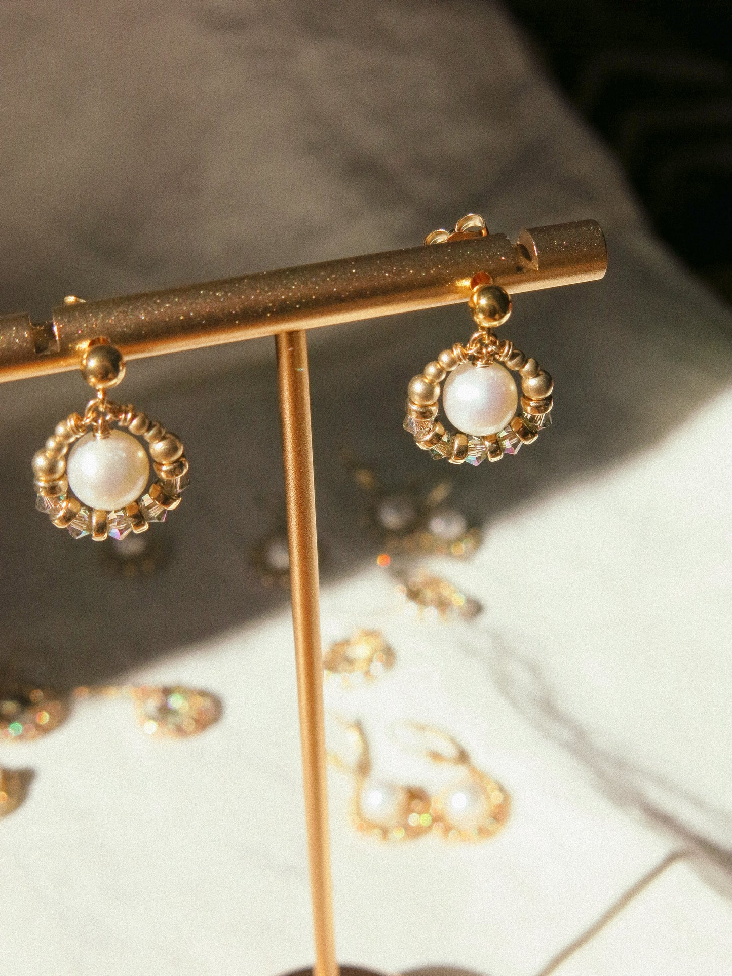 Suila Earrings with White Round Pearl and Mystic Mint Peacock Swarovski Crystal, 14K Gold Fill, Ball Post Earrings