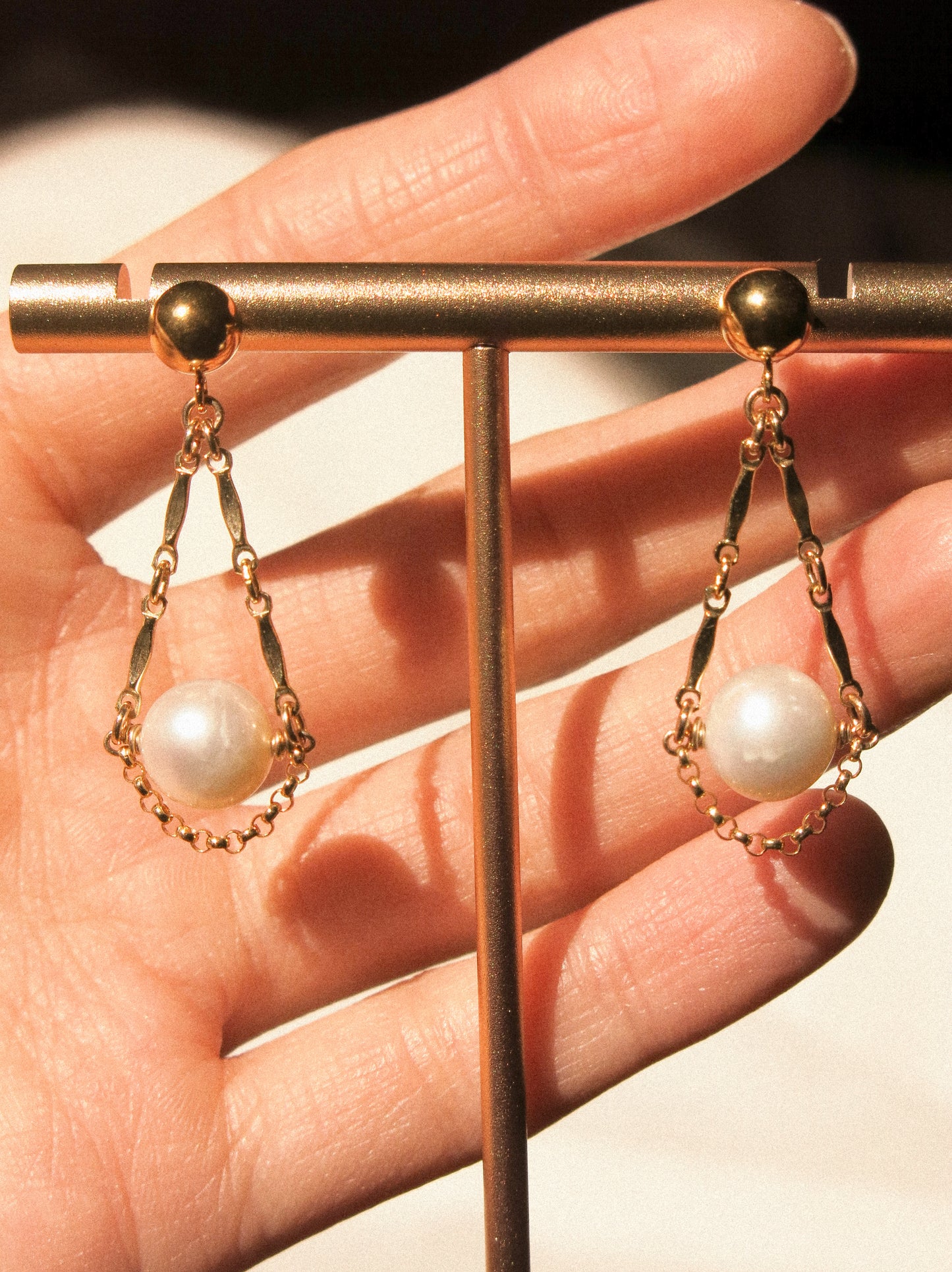 Florence Earrings, White Round Pearl and Dapped Bar on 6mm Ball Post, 14K Gold Fill
