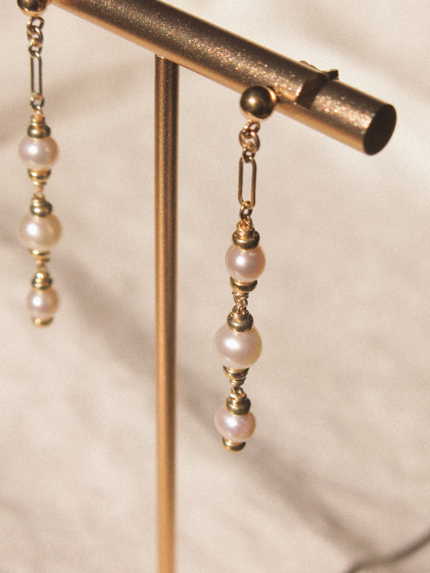 White Pearl Trio Cascading Post Earrings, 14K Gold Fill