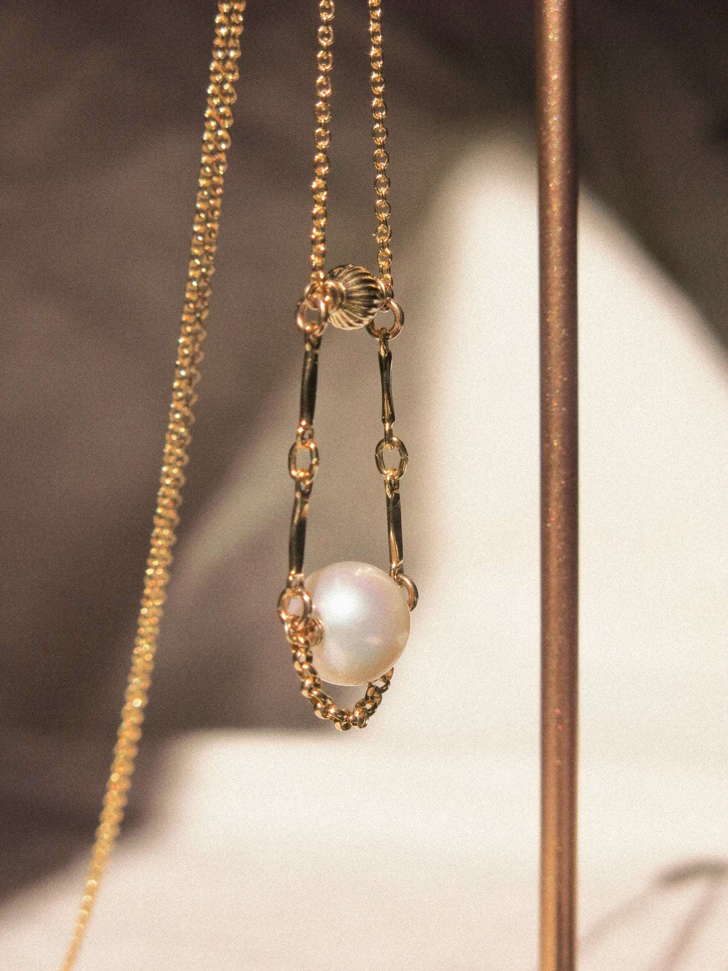 Florence Necklace, White Round Pearl and Dapped Bars, 14K Gold Fill
