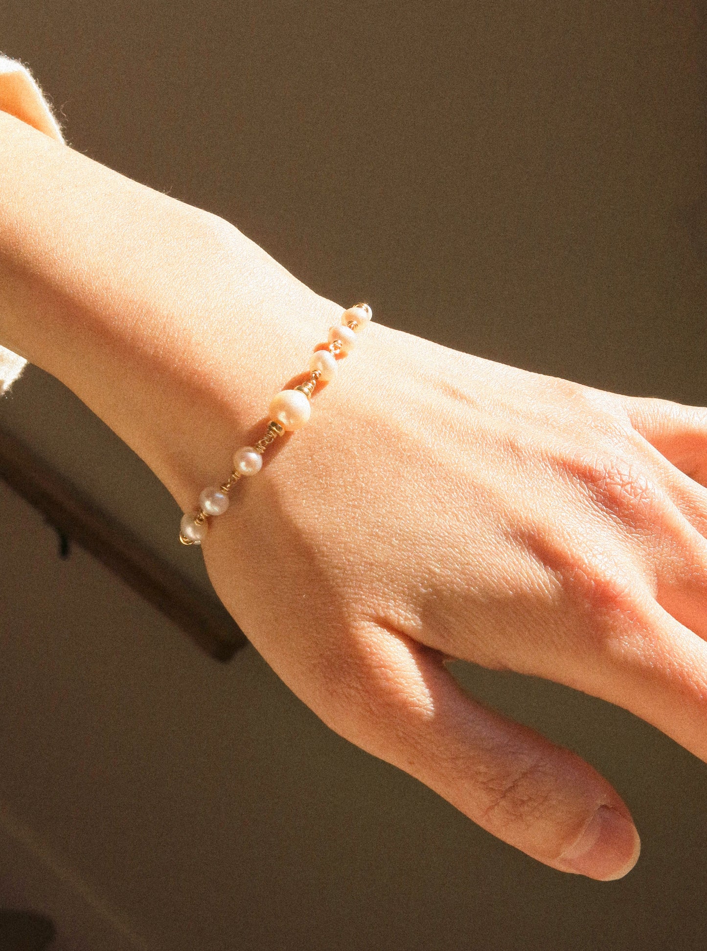 White Pearl and Rondel Bead Wire Wrapped Bracelet with Magnetic Clasp, 6.5”, 14K Gold Fill