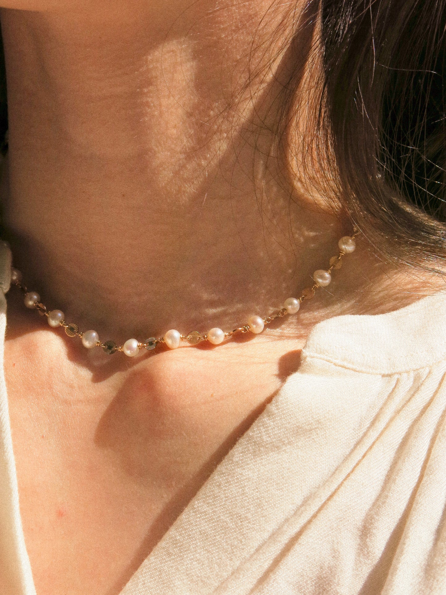 White Pearl and Textured Coin Link Choker Necklace, 14K Gold Fill