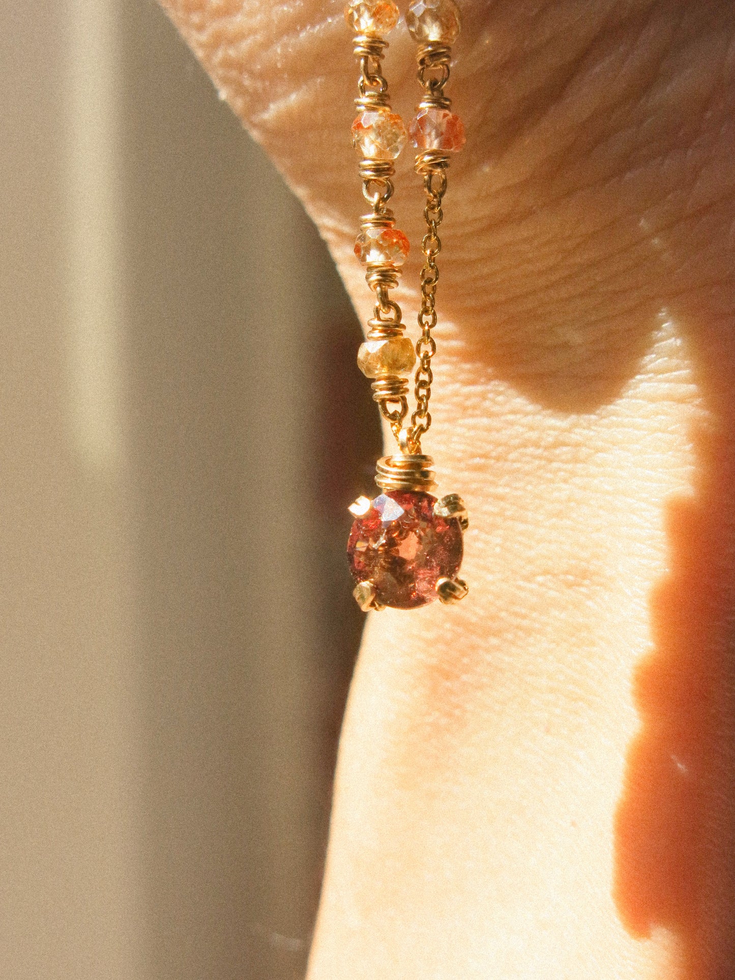 Prong Set Mauve Peach Faceted Round Spinel Necklace with Zircon Ombré Accent, 15", 14K Gold Fill