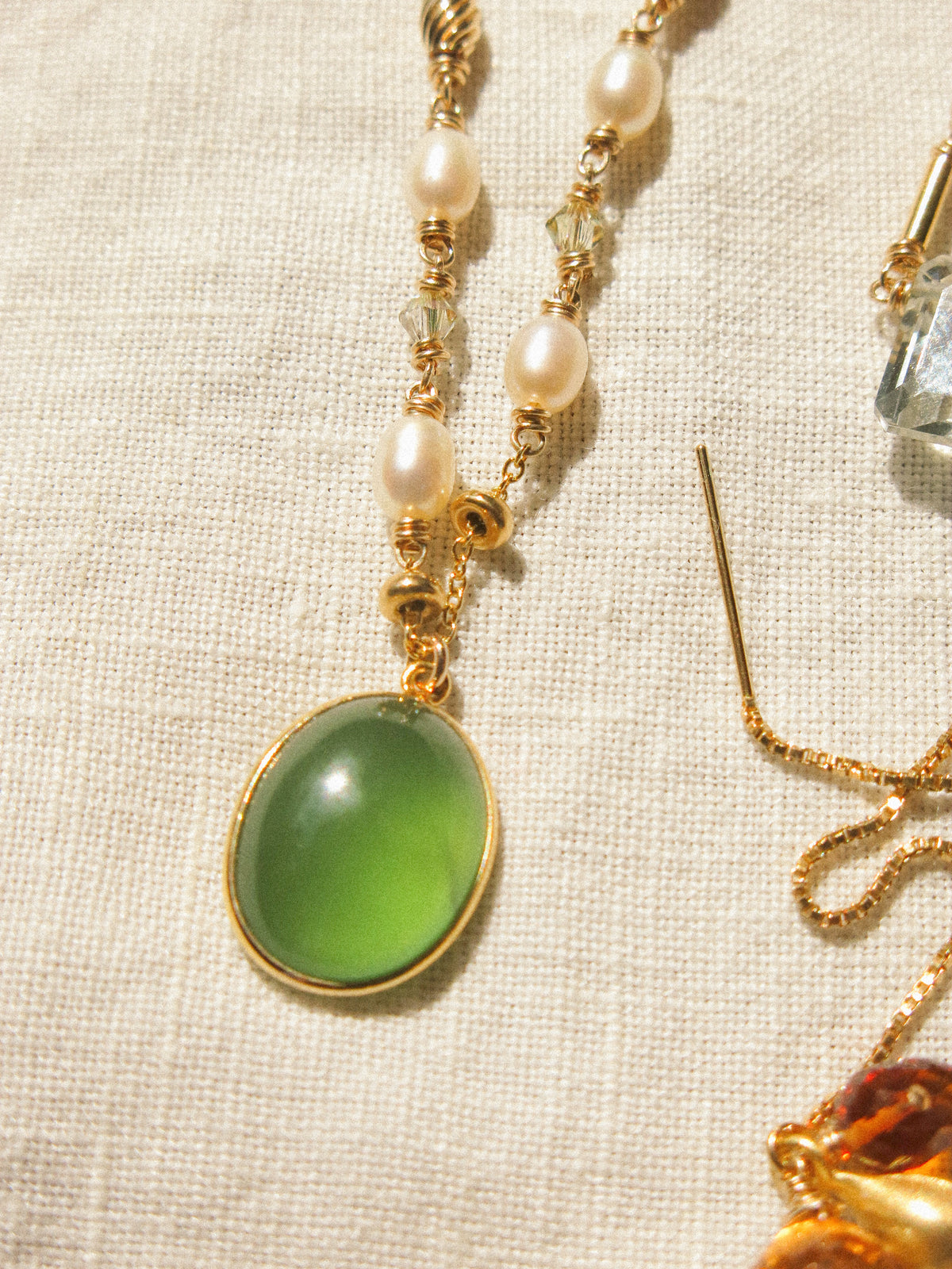 Serpentine Gold Vermeil Bezel Pendant Necklace with White Pearl and Swarovski Crystal, 14K Gold Fill