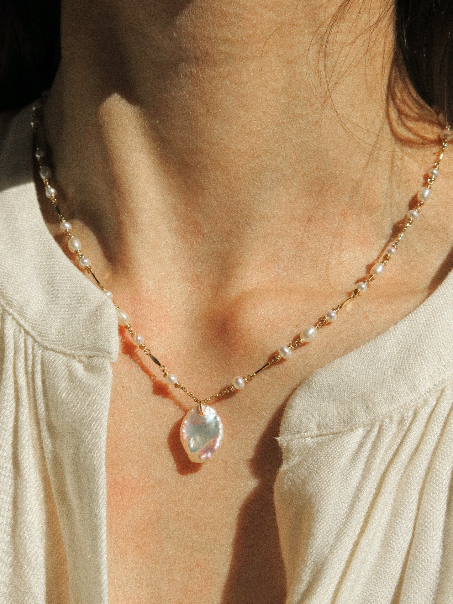 White Petal Keshi Pearl Necklace in Delicate Chain with AAA Pearls and Dapped Bars, 17", 14K Gold Fill