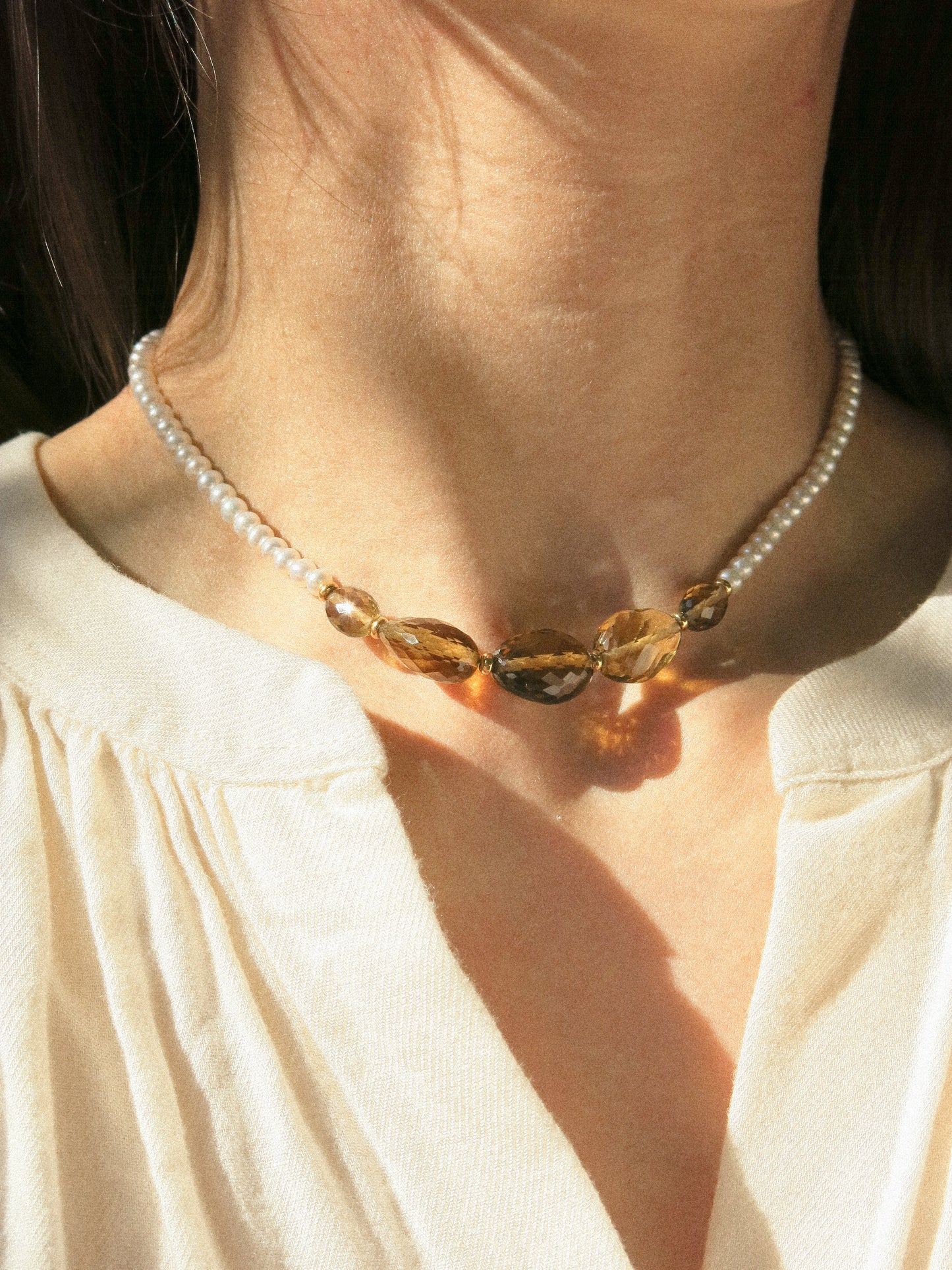 Graduated Oval Faceted Cognac Quartz Oval Strung Choker Necklace with White Pearls and Gold Fill Rondelle Beads, 14.5", 14K Gold Fill