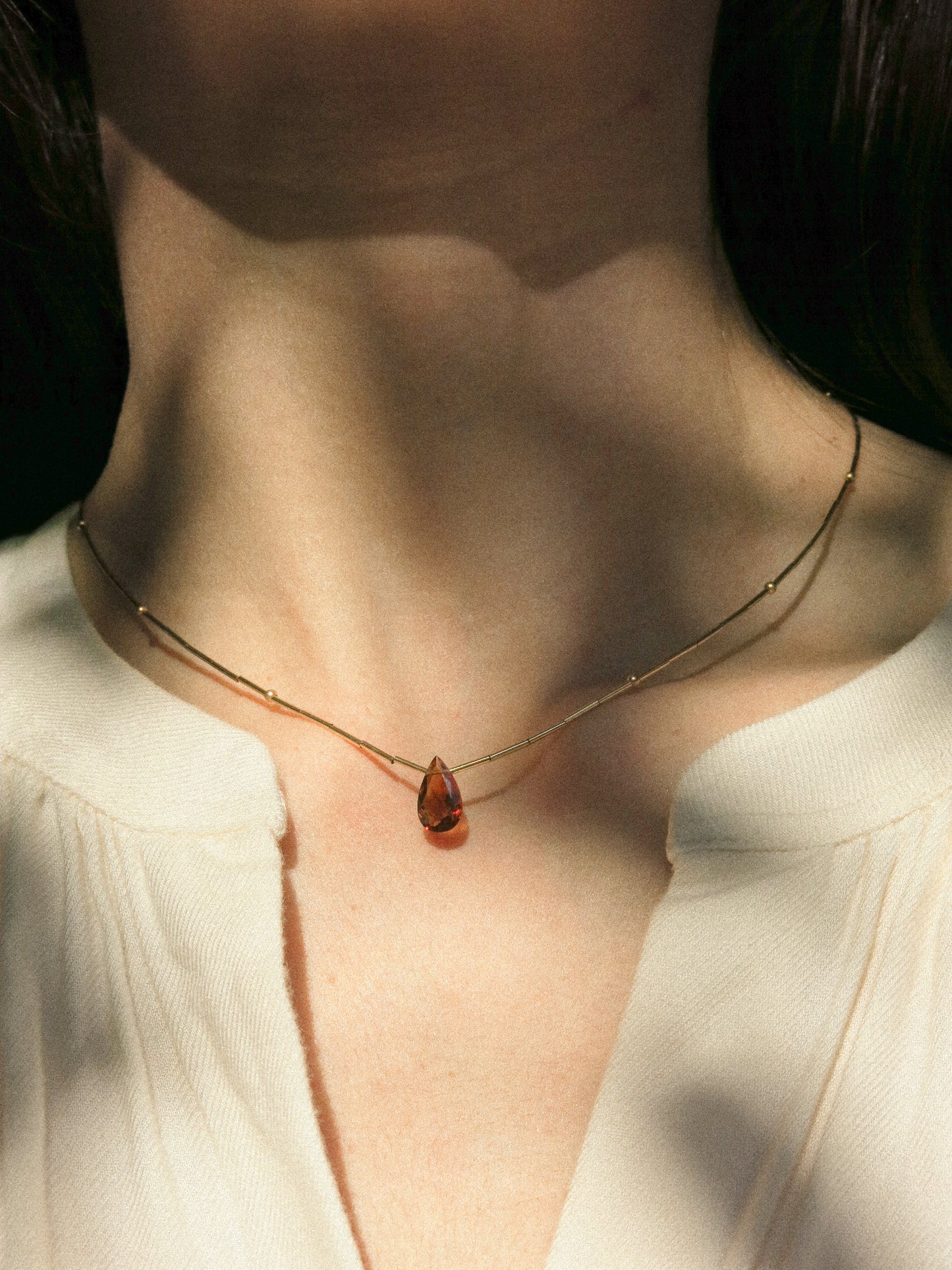 Faceted Brandy Citrine Teardrop and Delicate Tube Strung Necklace with Matte Gold Fill Ball Accent, 16", 14k Gold Fill