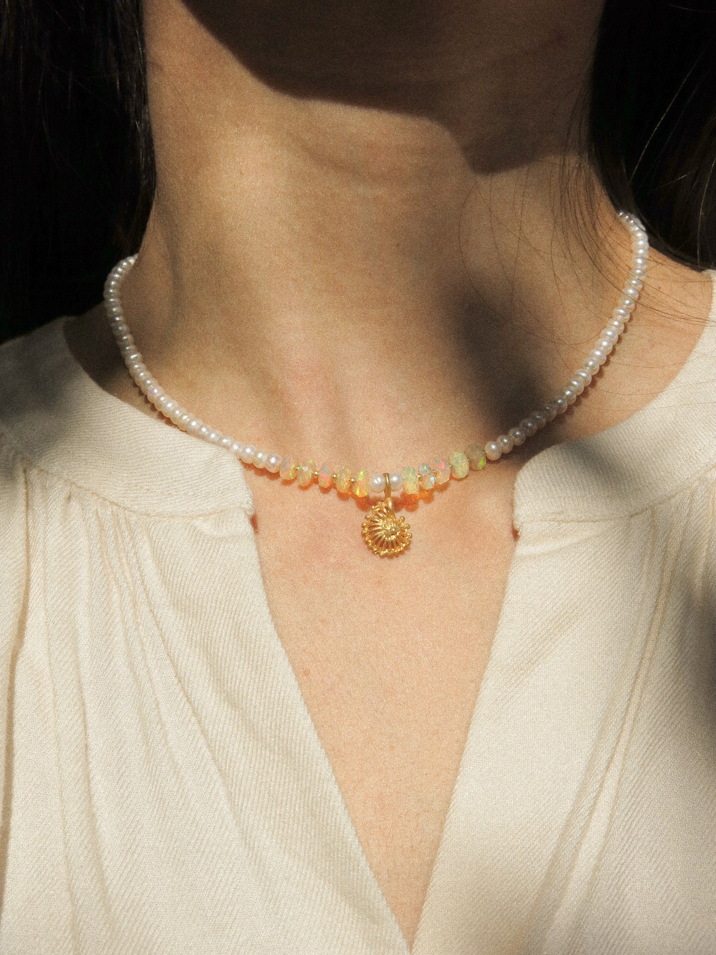 Matte Gold Vermeil Seashell Charm on Ethiopian Welo Opal and White Pearl Strung Choker Necklace, 15", 14k Gold Fill