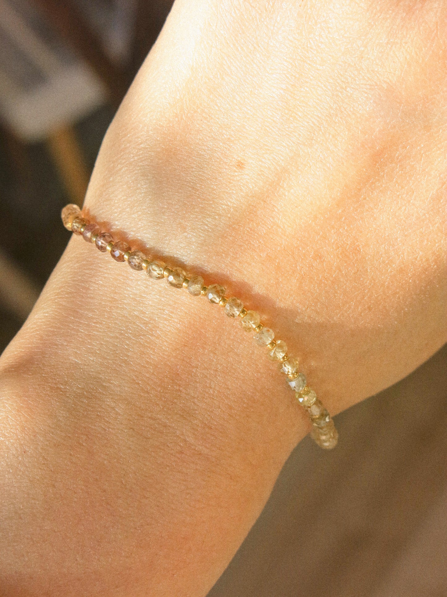 Mauve Ombré Zircon Strung Bracelet #2 with Gold Miyuki Beads and White Sakura Enamel Charm, 6" Adjustable, 14K Gold Fill