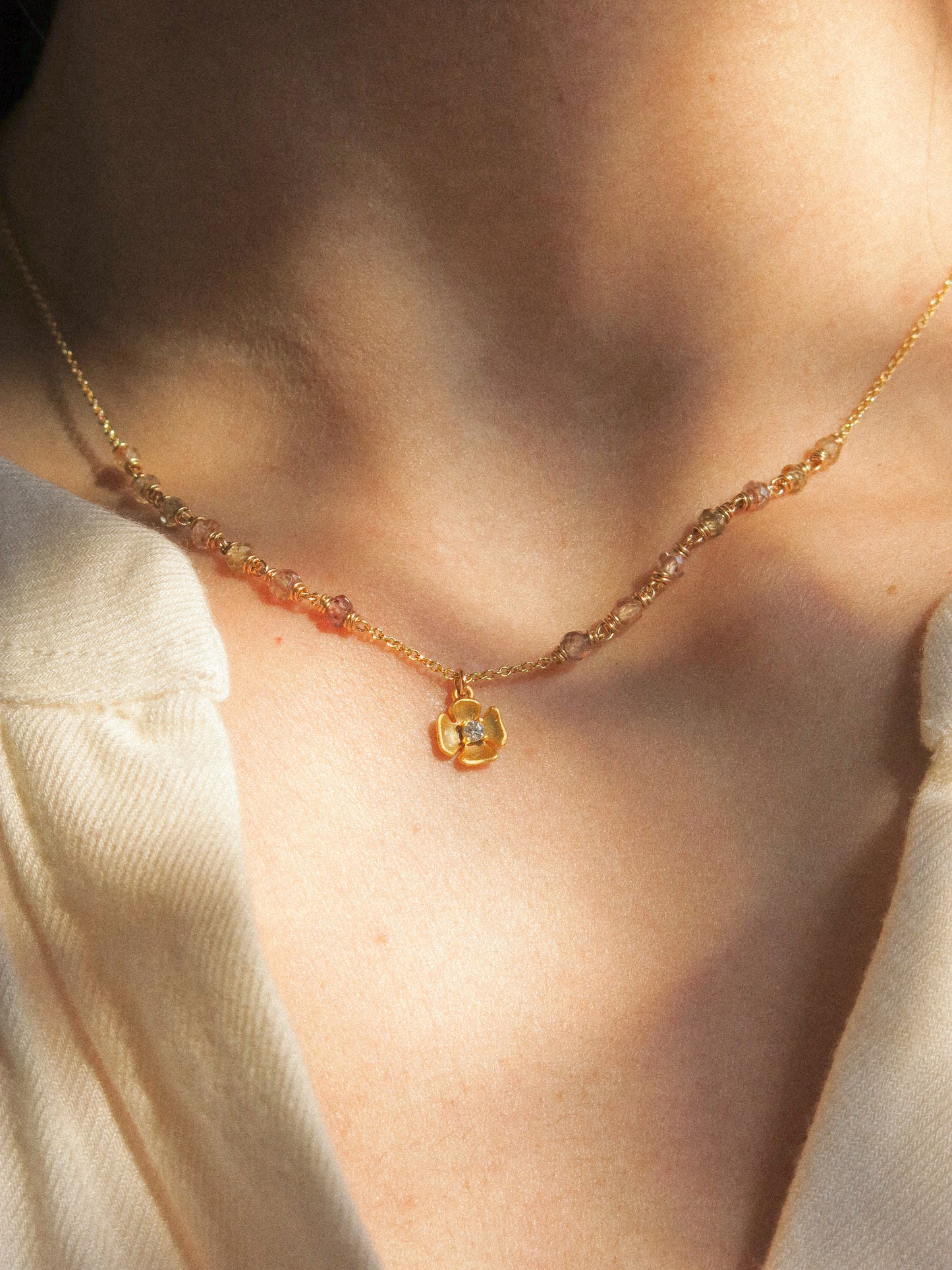 Zirconia Flower Charm Necklace with Zircon Ombré Accent, 16", 14K Gold Fill