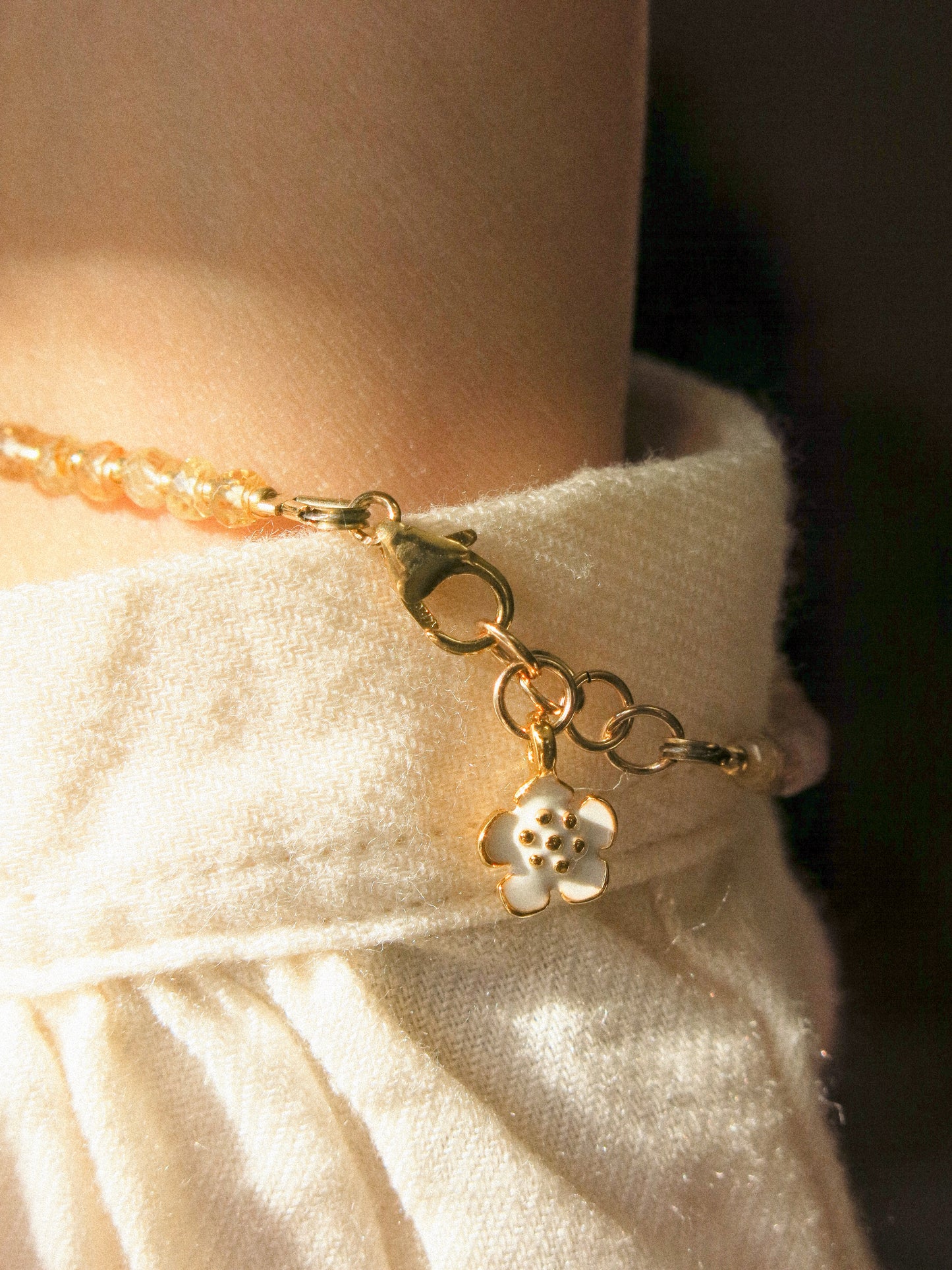 Mauve Ombré Zircon Strung Bracelet #1 with Gold Miyuki Beads and White Sakura Enamel Charm, 6.75" Adjustable, 14K Gold Fill