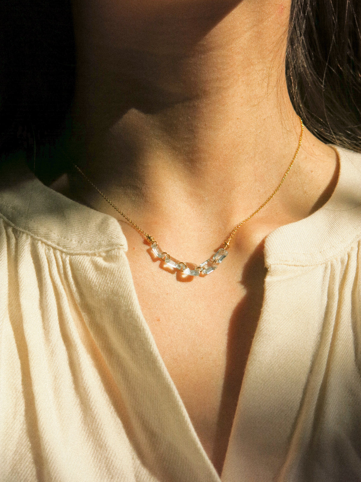Five Petit Faceted Aquamarine Dainty Necklace, 14K Gold Fill