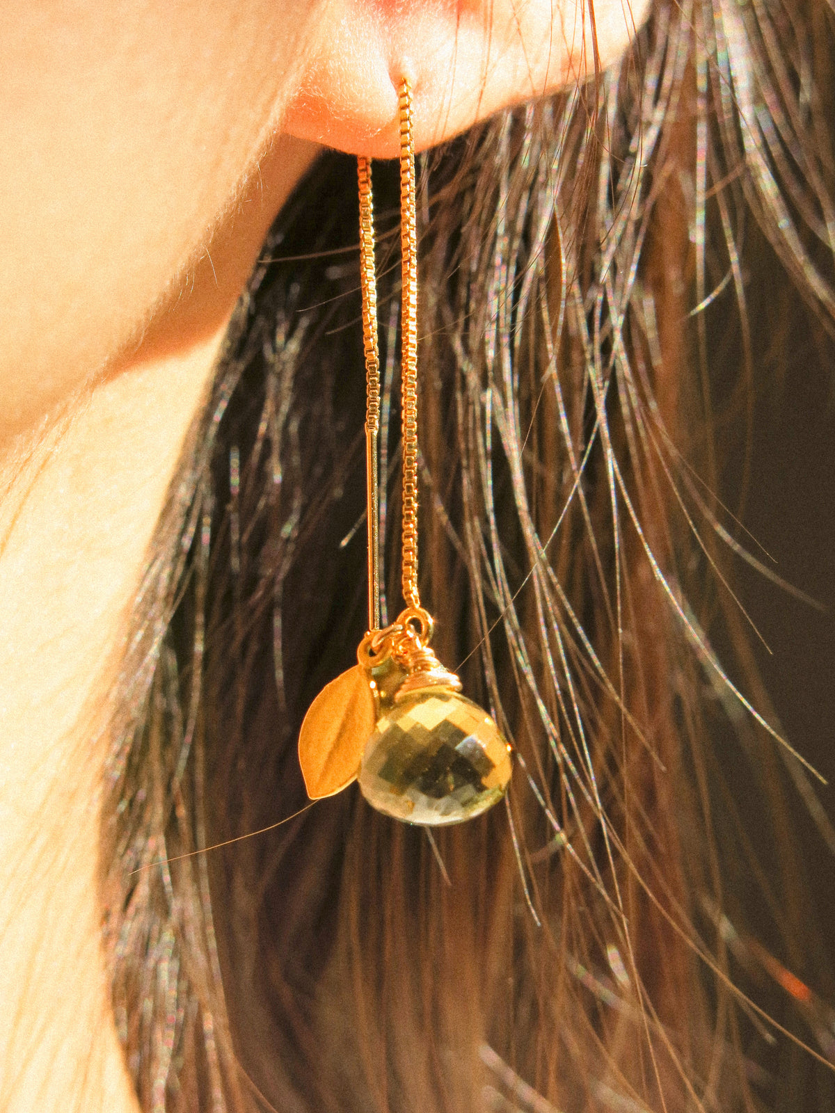 Lush Meadow Threaders: Olive Quartz, Glass Pearl, and Leaf Charm Threader Earrings, 14K Gold Fill