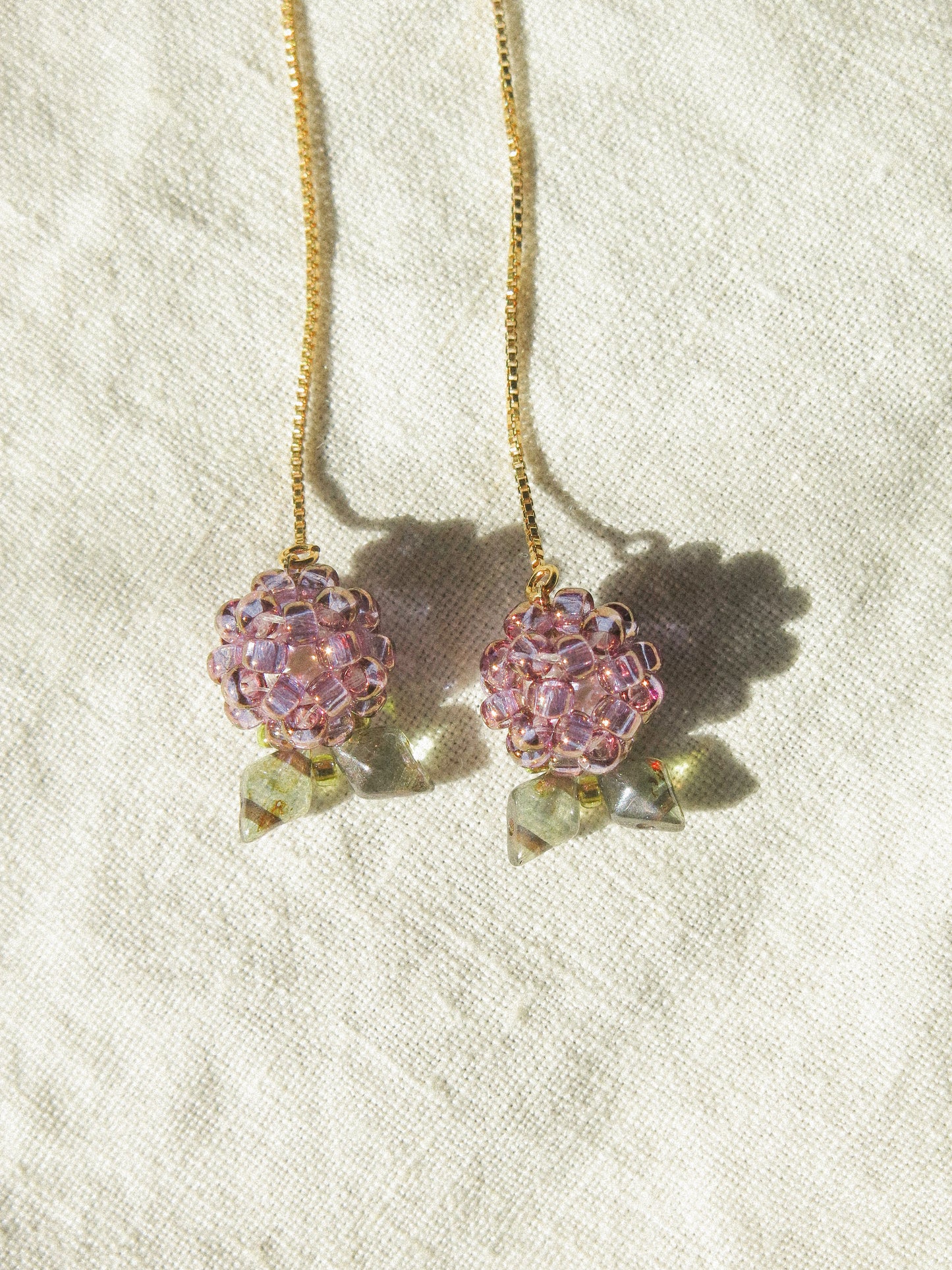 Plum Threader Earrings with Leaf, 14K Gold Fill
