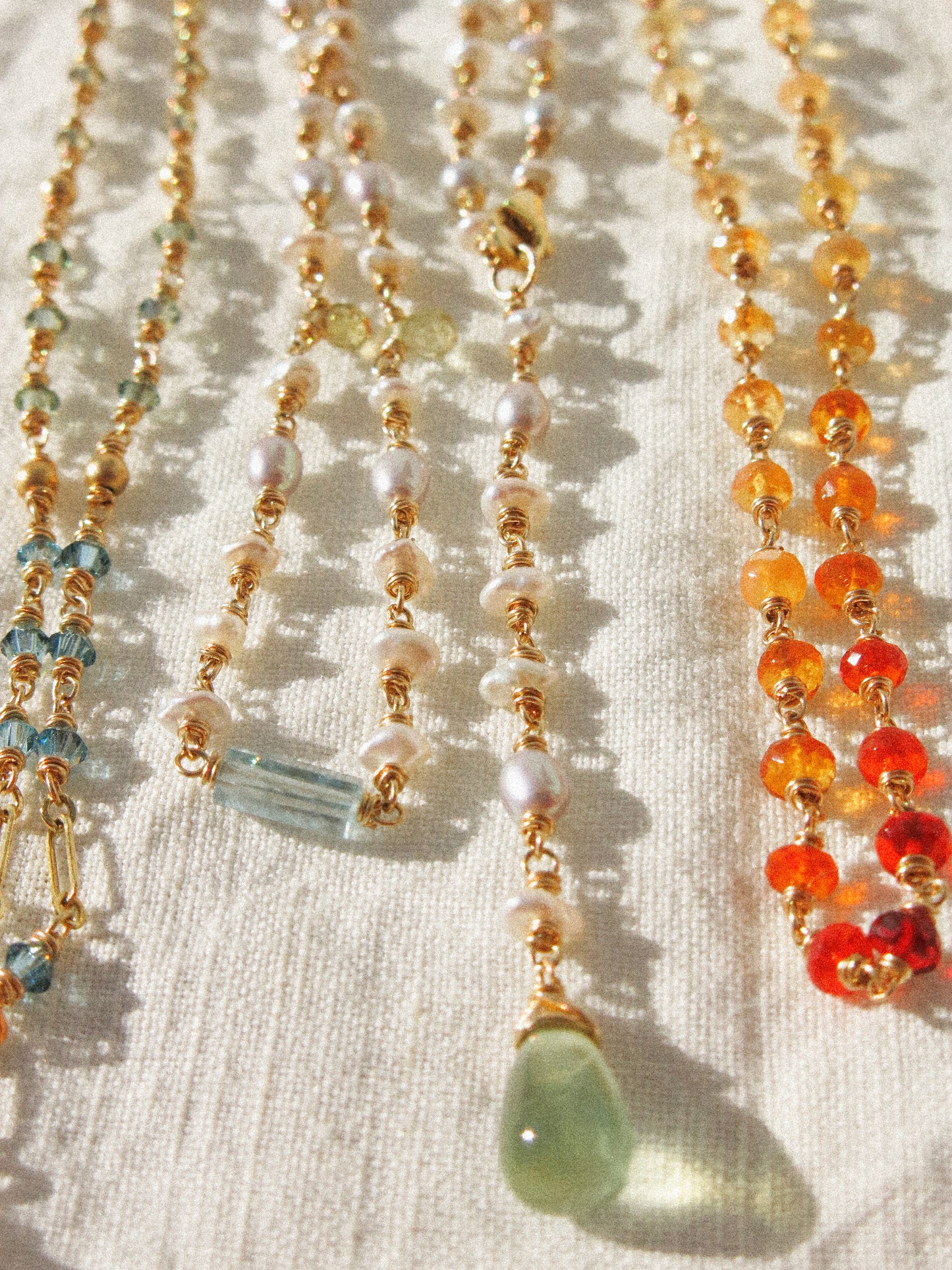 Multi-Gemstone 4-way Delicate Necklace with Prehnite, Pearl, Aquamarine, and Zircon