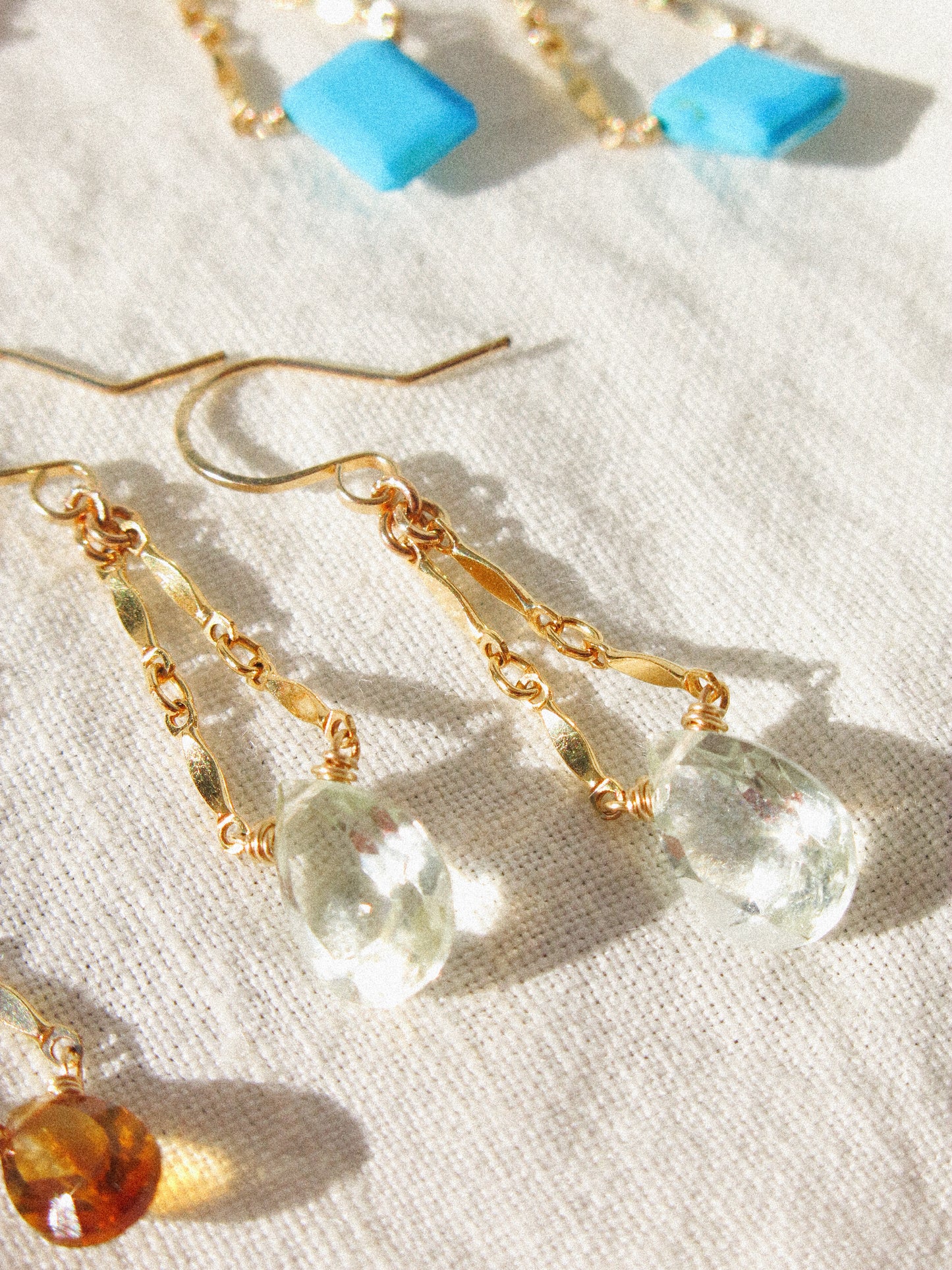 Catcher Earrings in Faceted Prasiolite in 14K Gold Fill