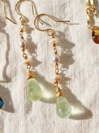 Prehnite and Petit Keshi Pearl Dangle Earrings in 14K Gold Fill