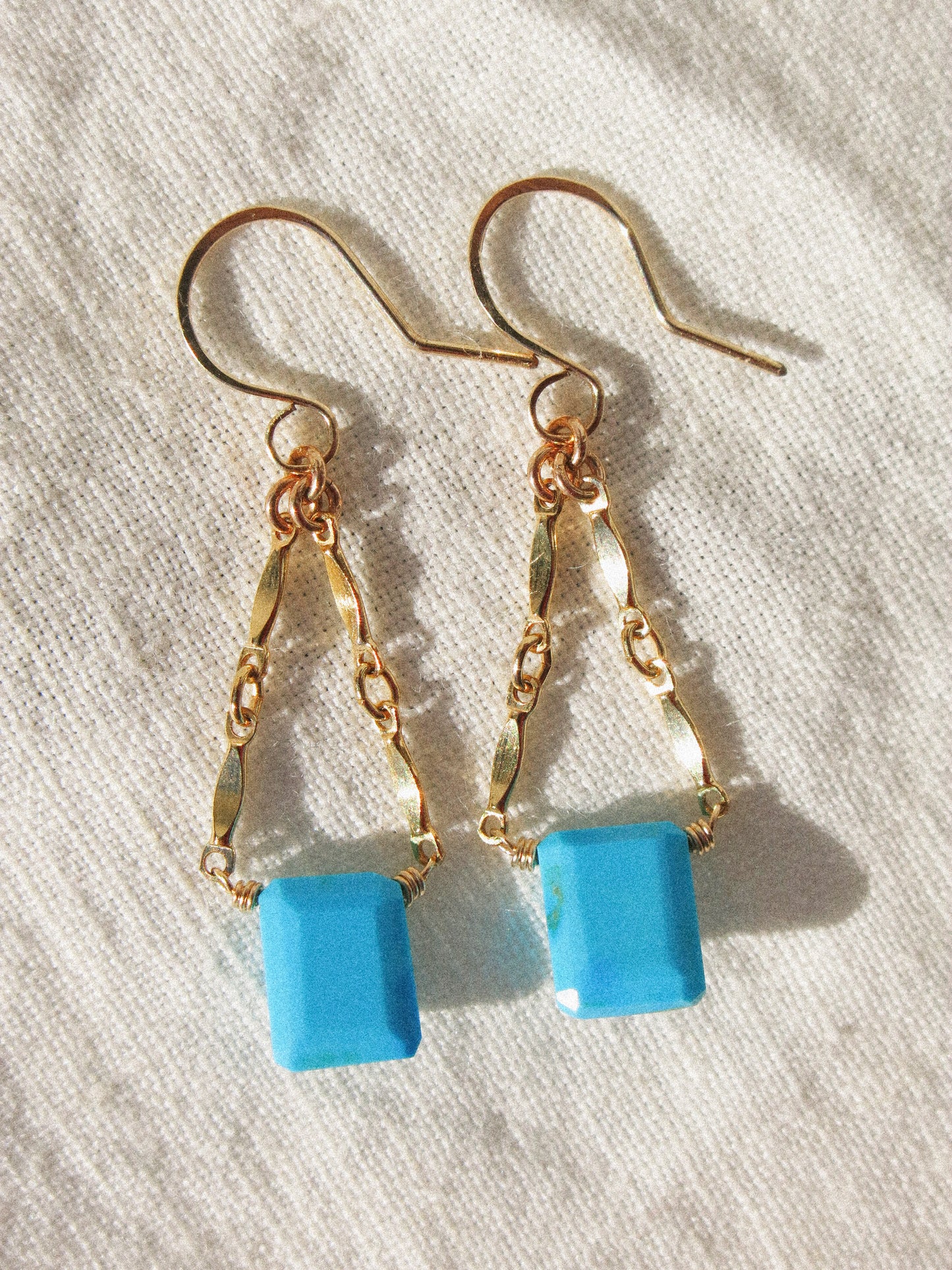 Catcher Earrings in Emerald Cut Kingman Turquoise in 14K Gold Fill