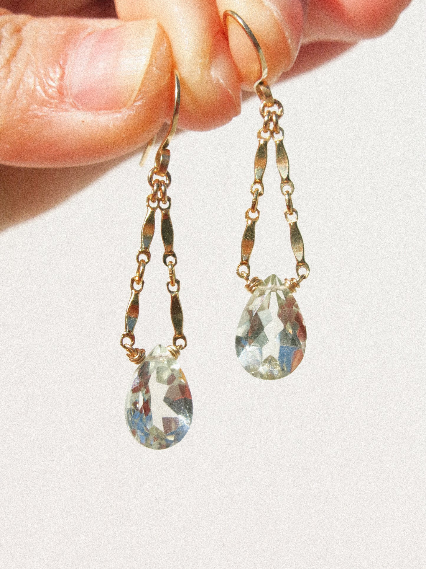 Catcher Earrings in Faceted Prasiolite in 14K Gold Fill