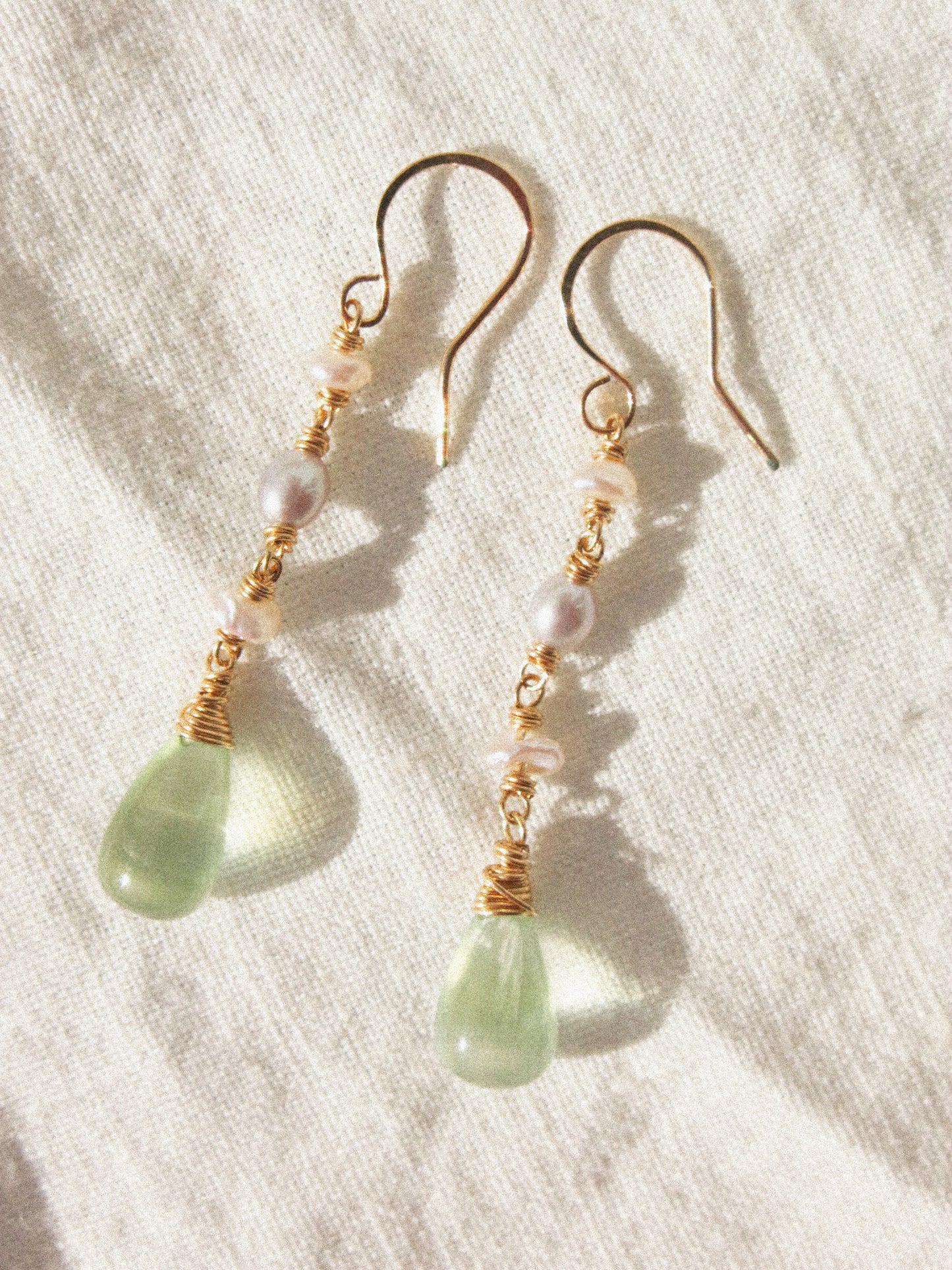 Prehnite and Petit Keshi Pearl Dangle Earrings in 14K Gold Fill