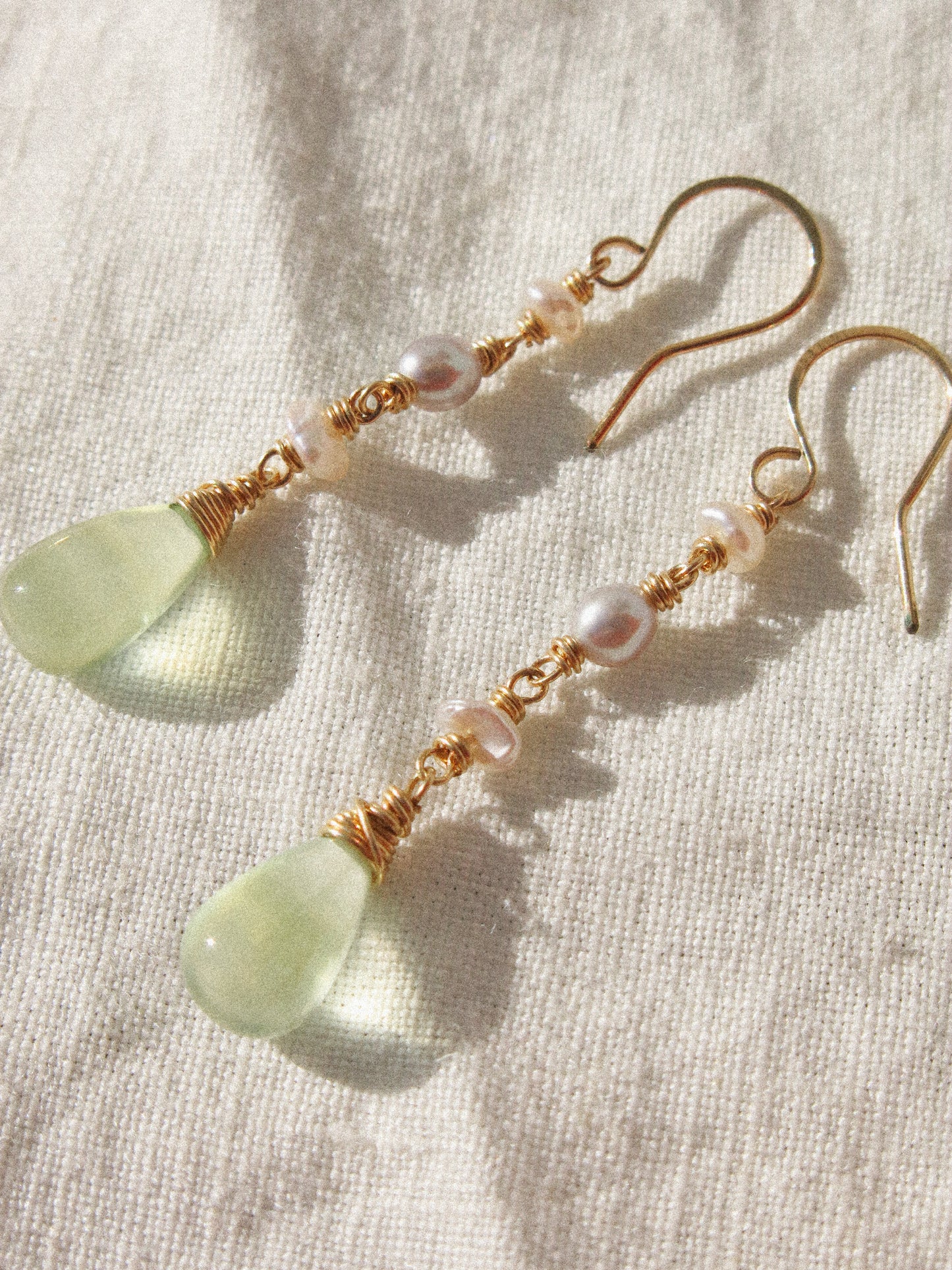 Prehnite and Petit Keshi Pearl Dangle Earrings in 14K Gold Fill