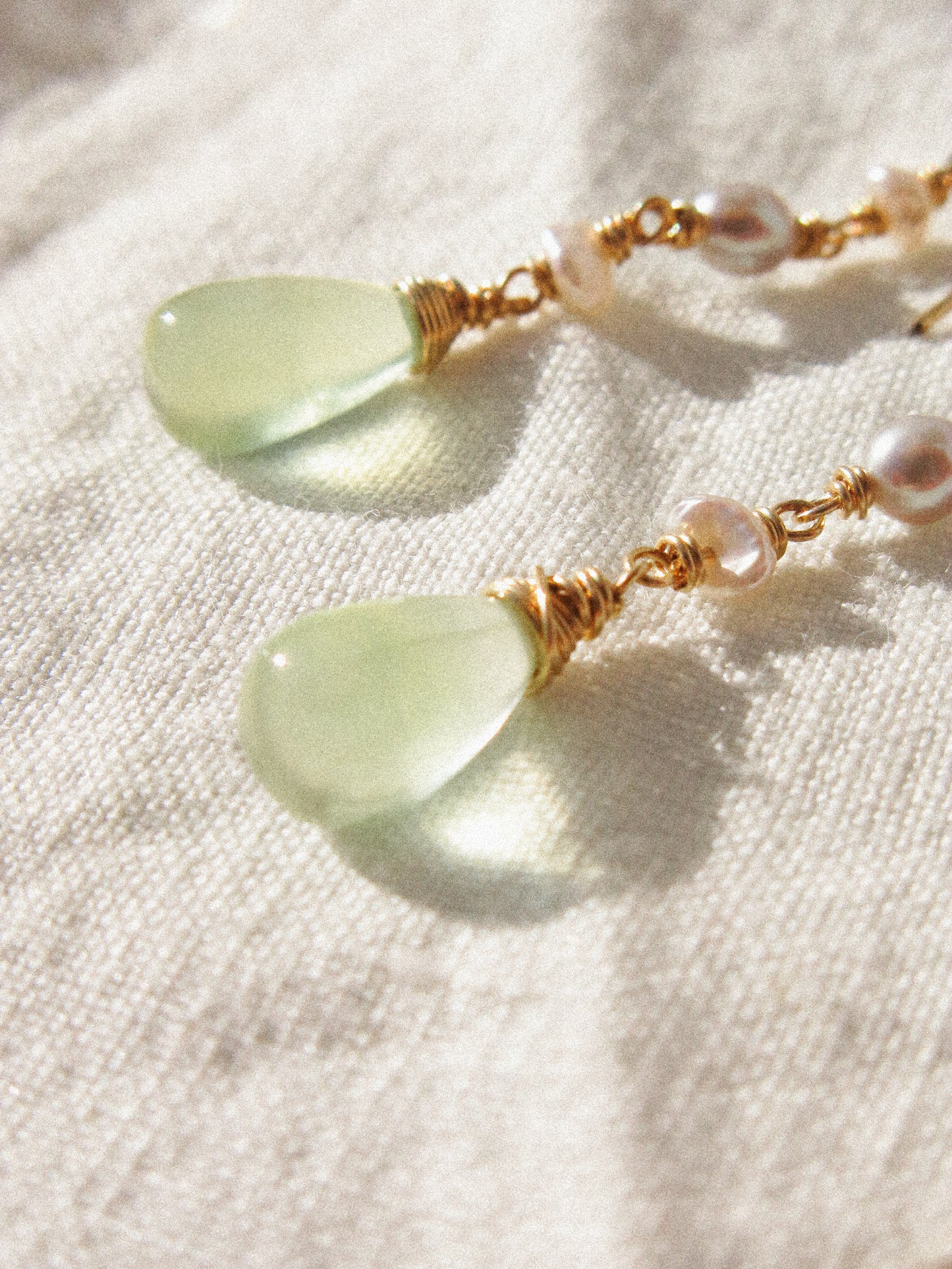 Prehnite and Petit Keshi Pearl Dangle Earrings in 14K Gold Fill